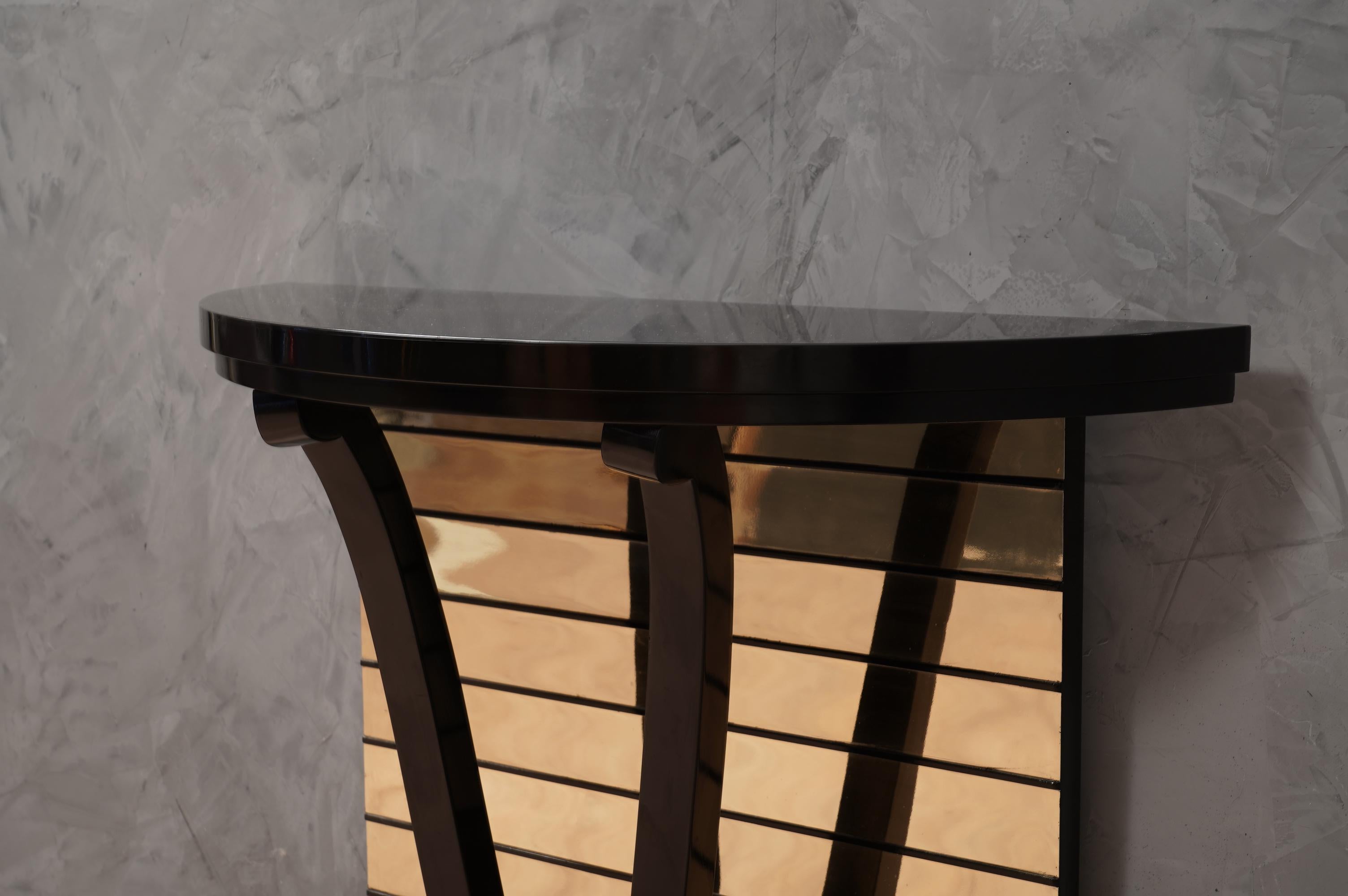Mid-Century Modern MidCentury Demi-Lune Black and Mirror Console Table, 1990 For Sale