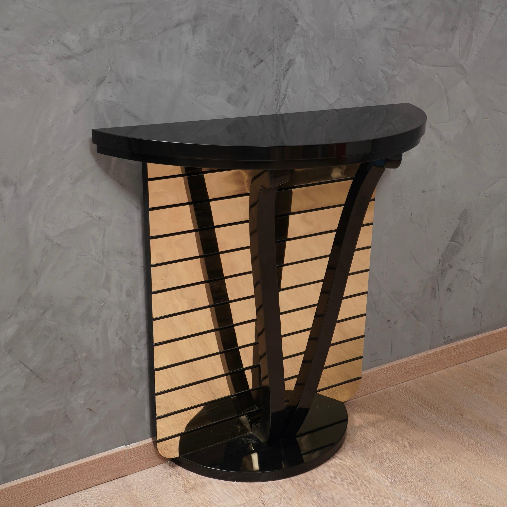 Italian MidCentury Demi-Lune Black and Mirror Console Table, 1990 For Sale
