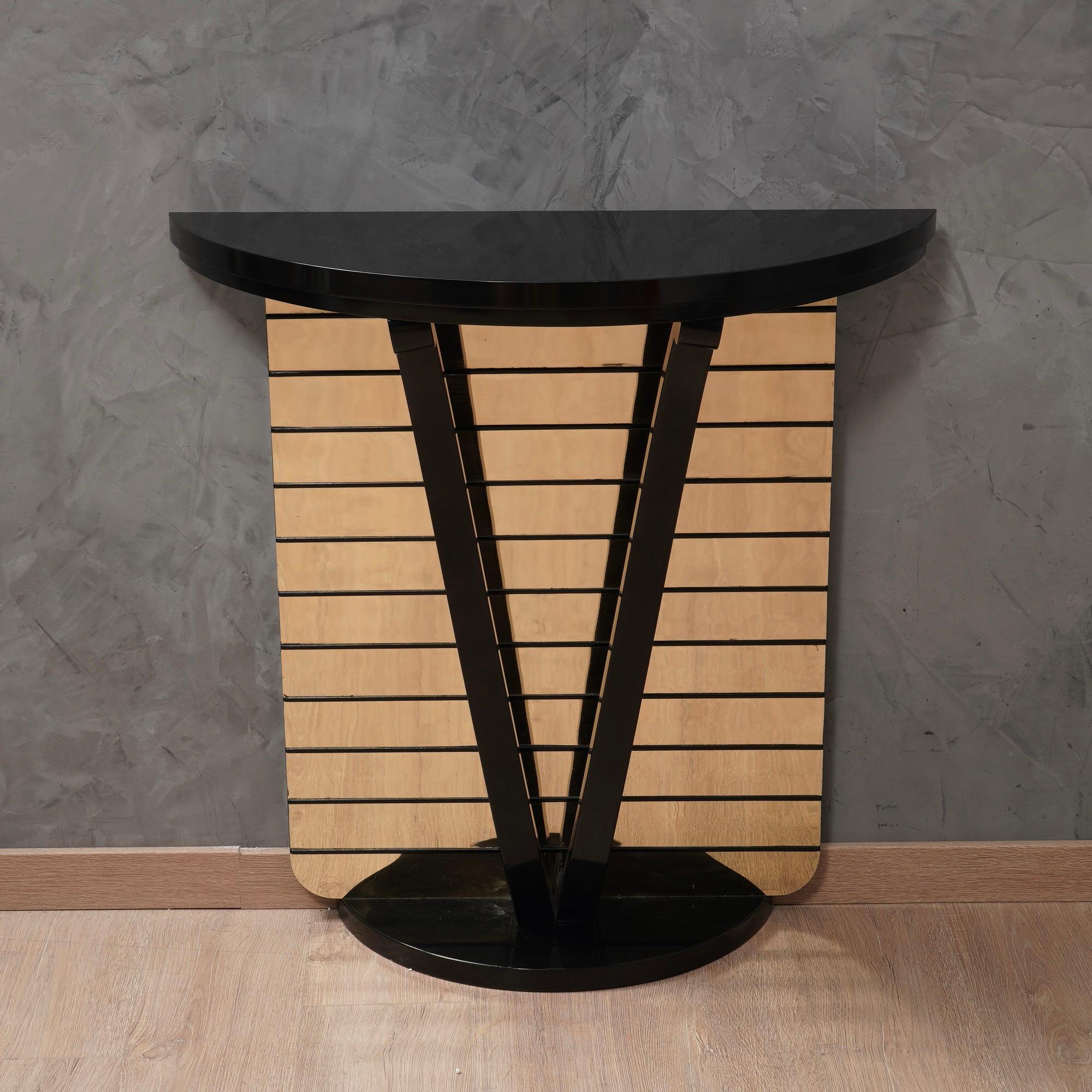 MidCentury Demi-Lune Black and Mirror Console Table, 1990 In Good Condition For Sale In Rome, IT