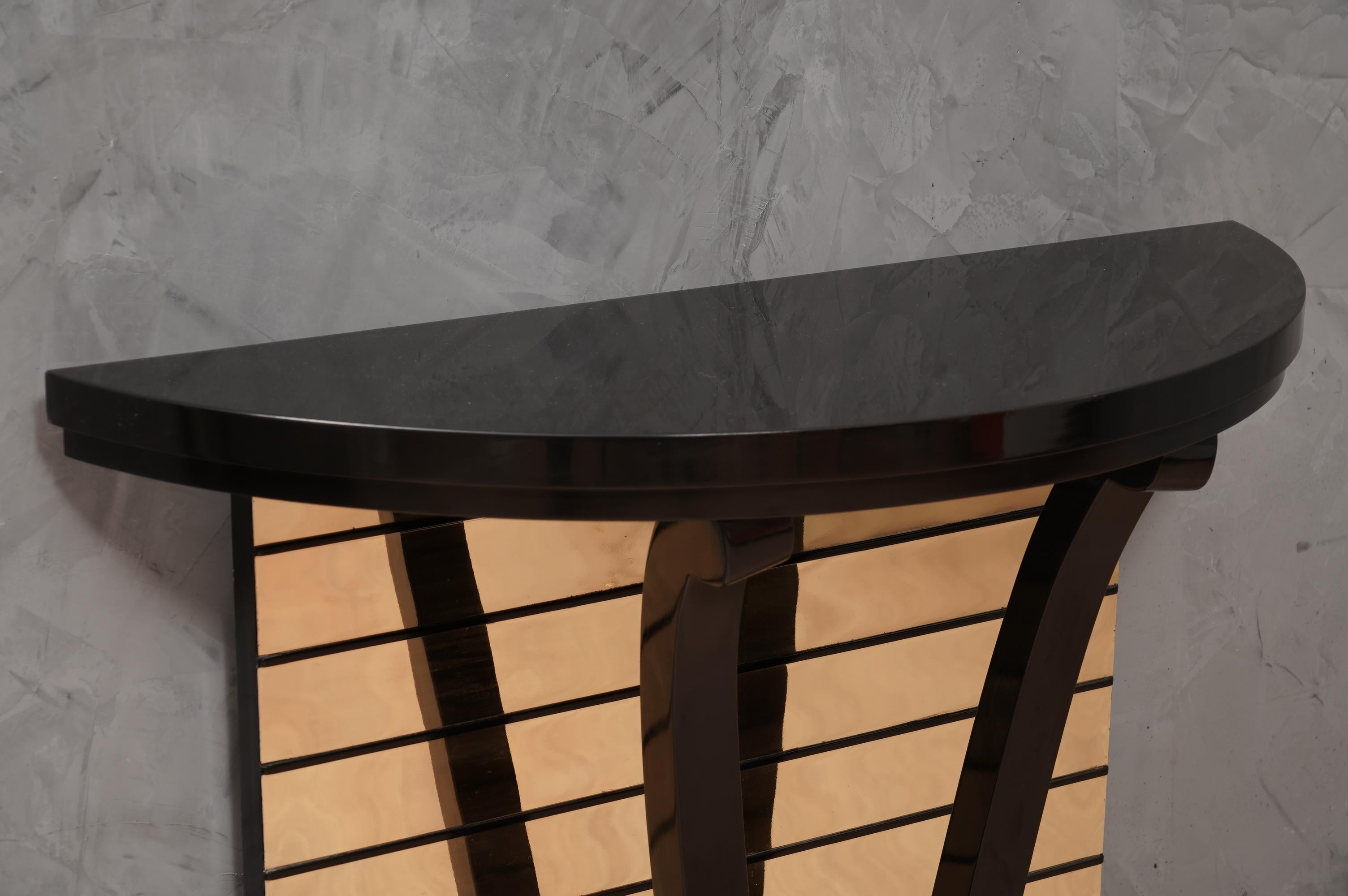 Late 20th Century MidCentury Demi-Lune Black and Mirror Console Table, 1990 For Sale