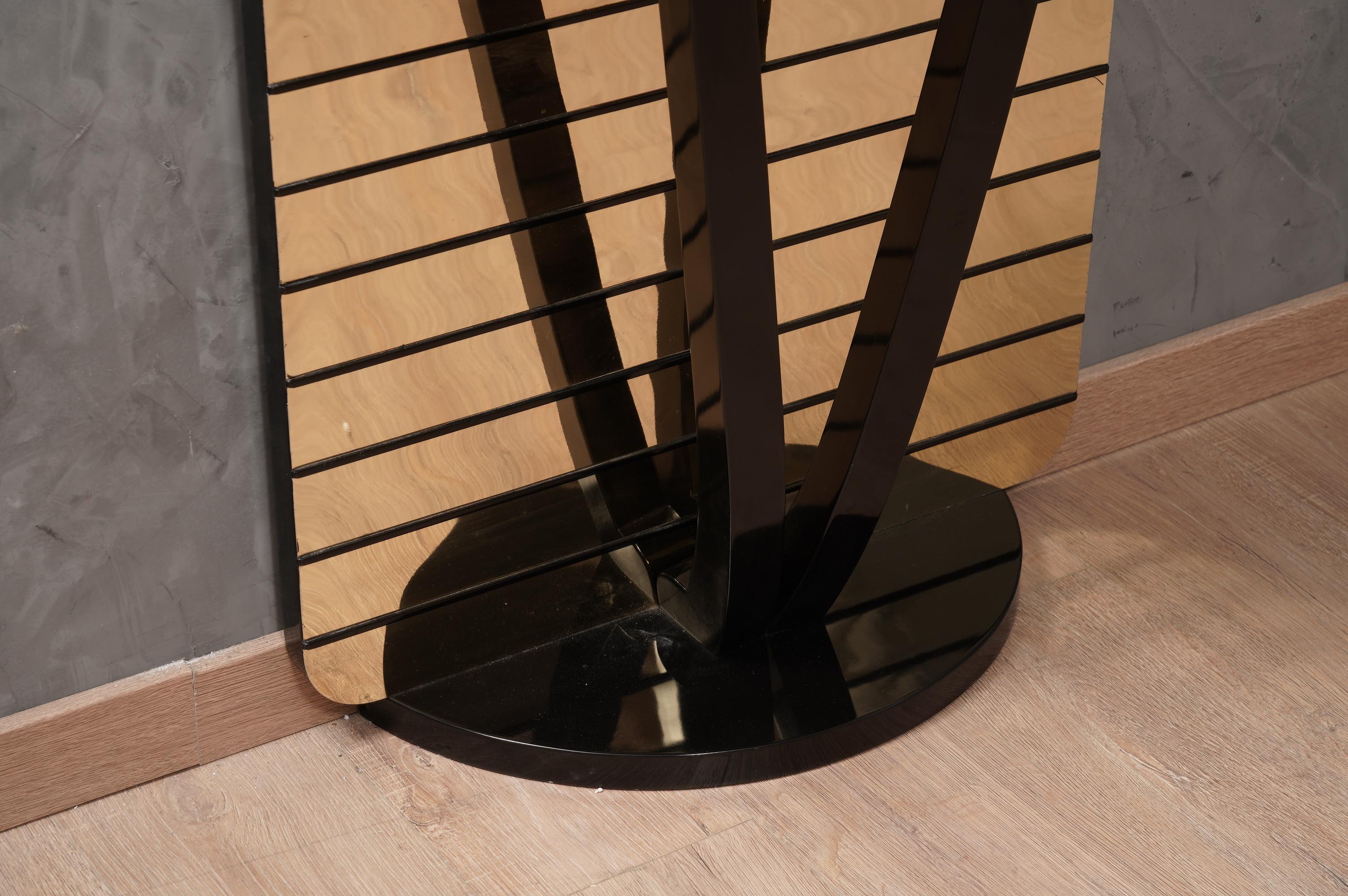 Brass MidCentury Demi-Lune Black and Mirror Console Table, 1990 For Sale