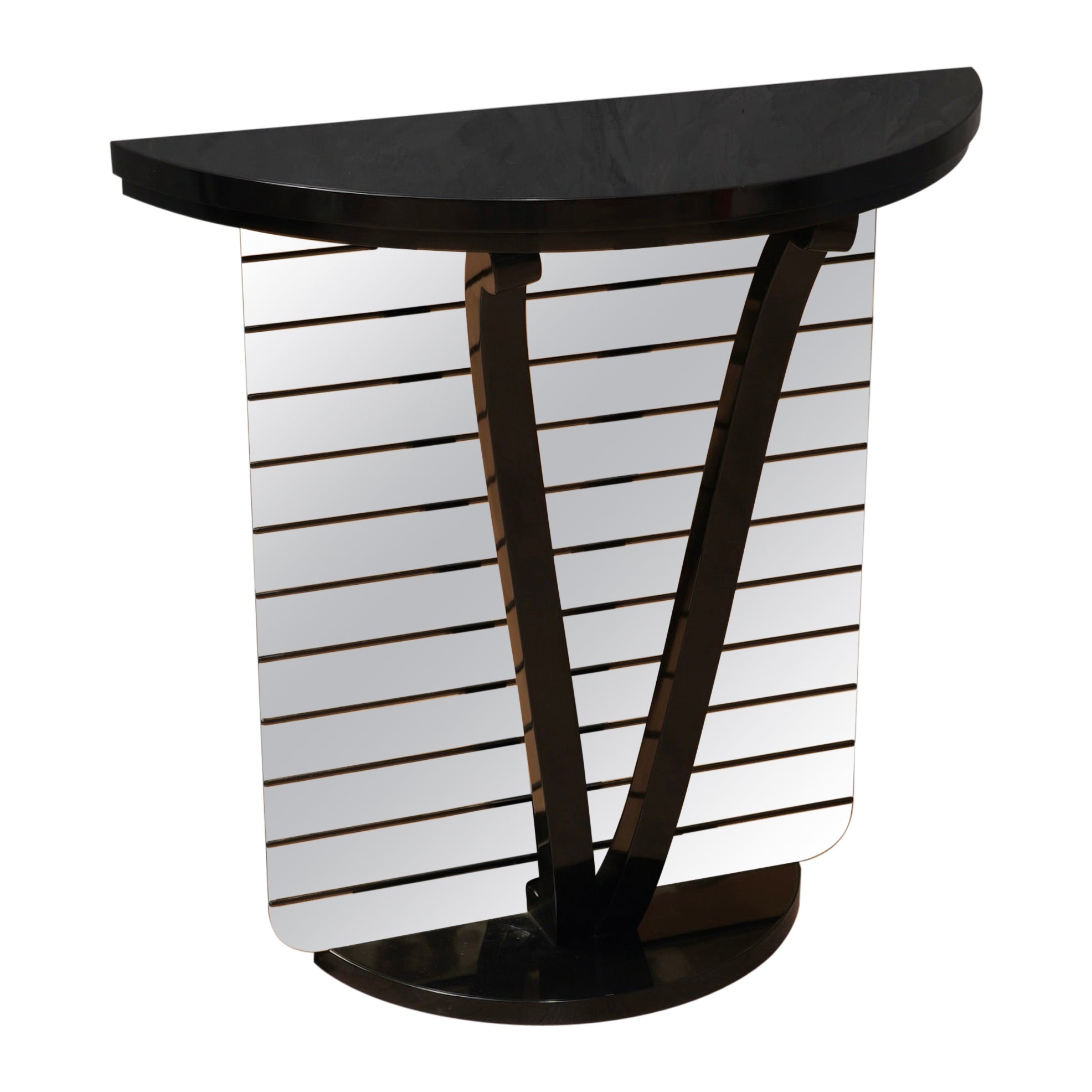 MidCentury Demi-Lune Black and Mirror Console Table, 1990