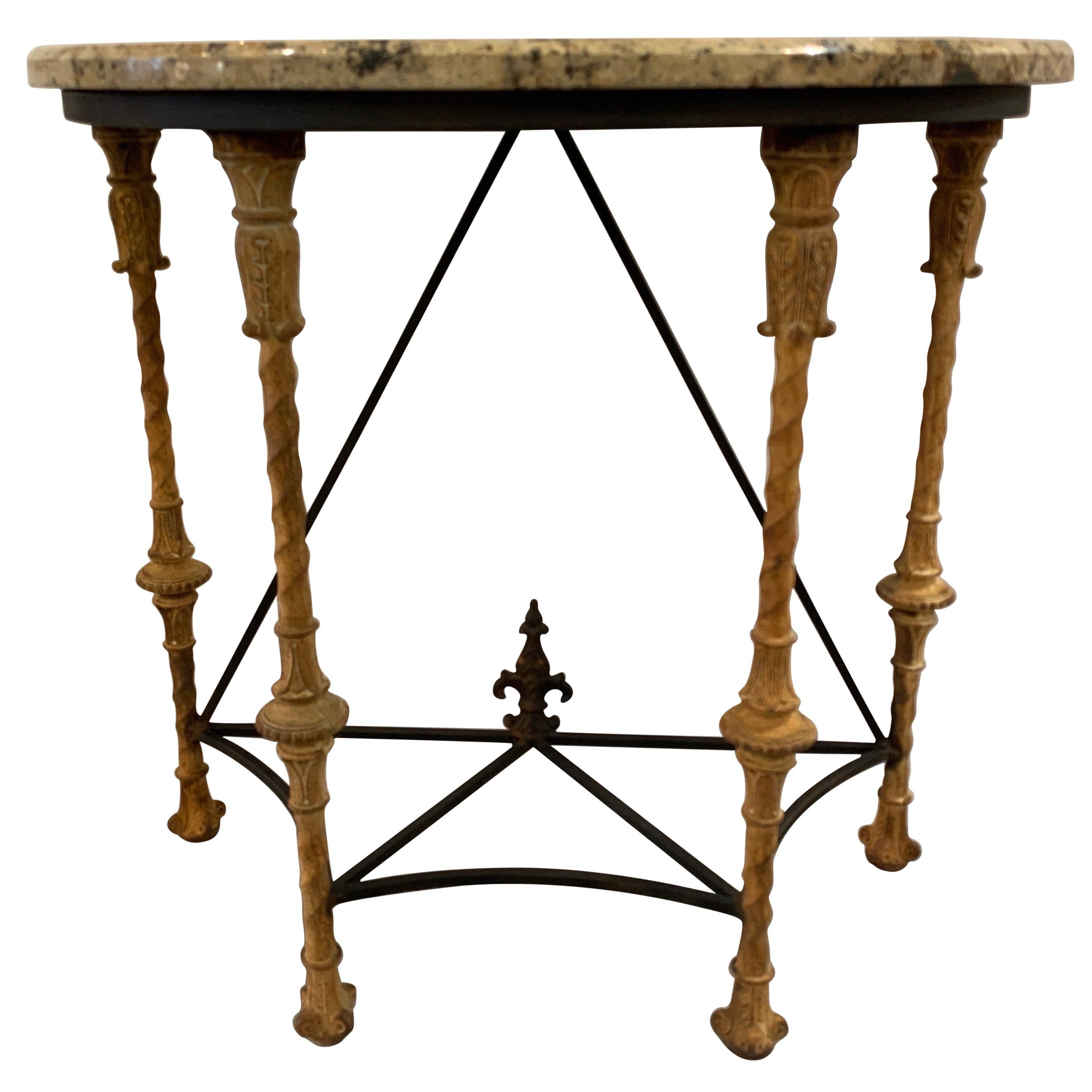 Midcentury Demilune Table with Ornate Wrought Iron Base & Italian Marble Top