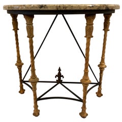 Midcentury Demilune Table with Ornate Wrought Iron Base & Italian Marble Top