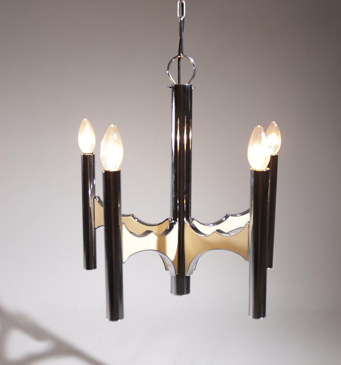 Italian Midcentury Design 5-Arm Gaetano Sciolari Ceiling Lamp Chandelier Chrome For Sale