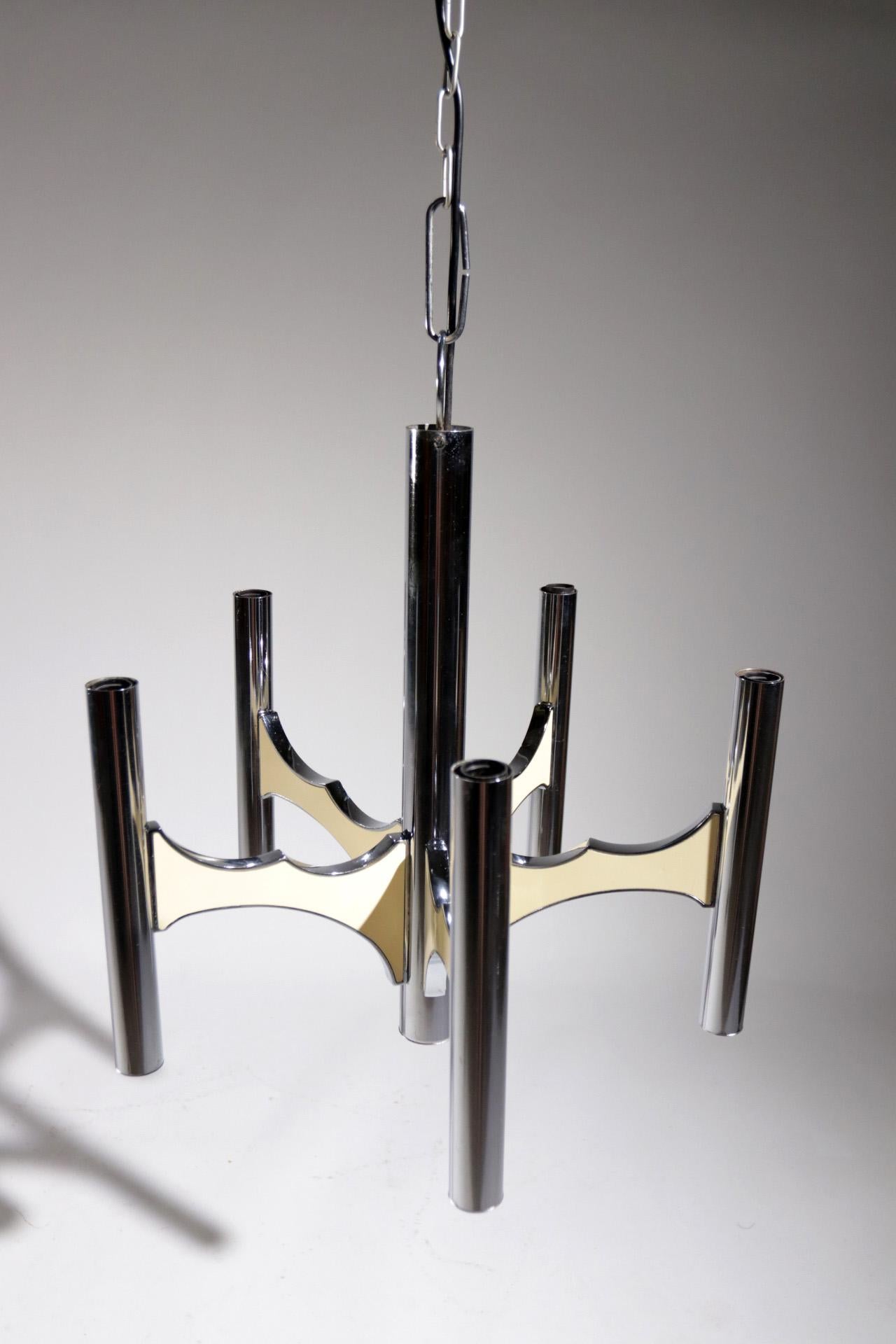 Cromo Lampadario da soffitto a 5 bracci di Gaetano Sciolari, design del Medioevo, cromo in vendita