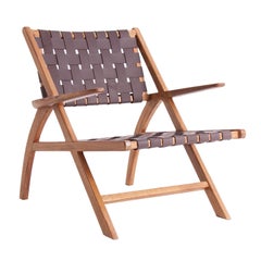 Midcentury Design and Danish Look Wooden and Leather Lounge Armchair