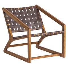 Midcentury Design and Danish Style Wooden and Leather Lounger Armchair