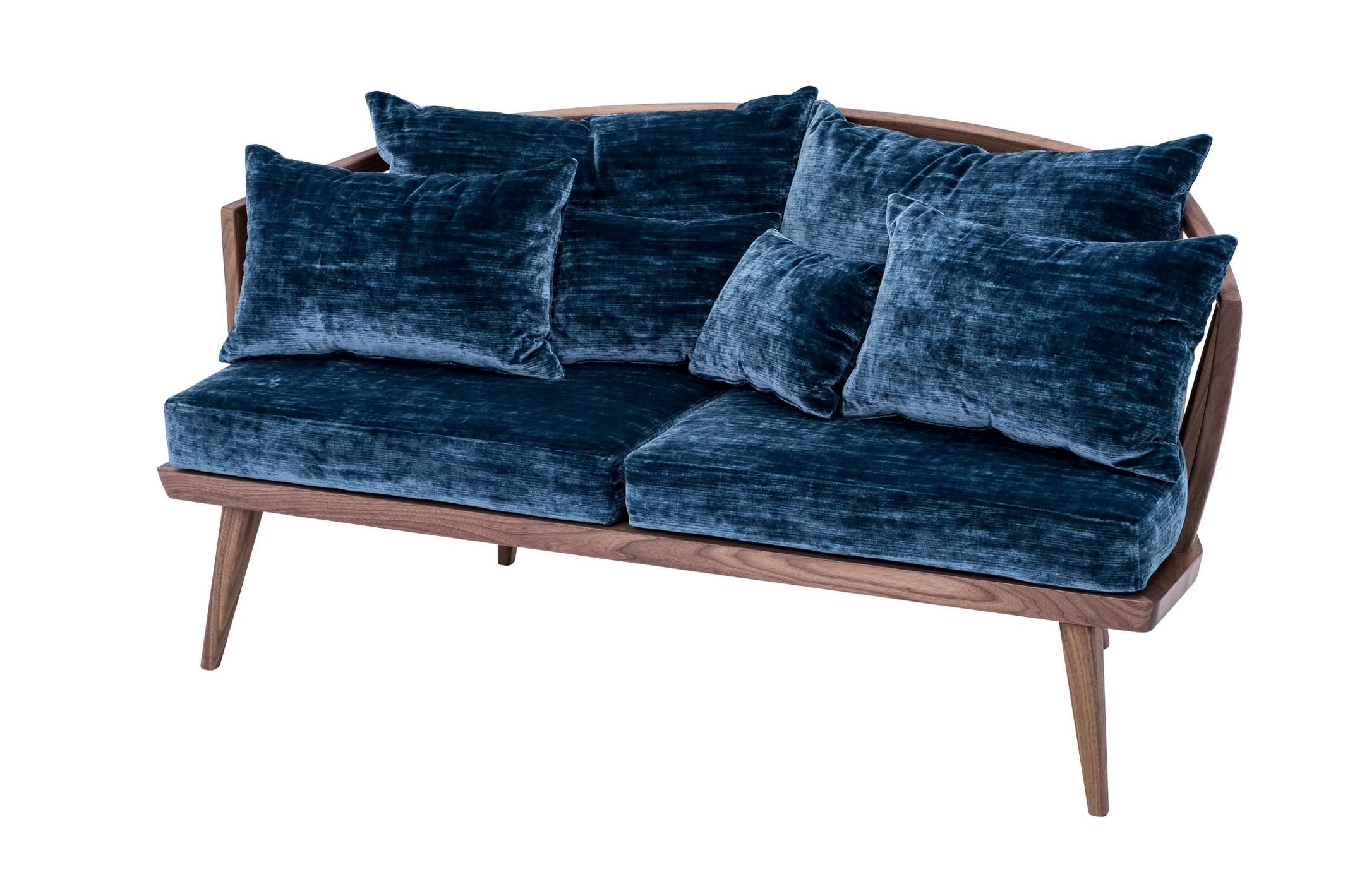 European Midcentury Design and Scandinavian Style Walnut Wooden and Velvet Sofa