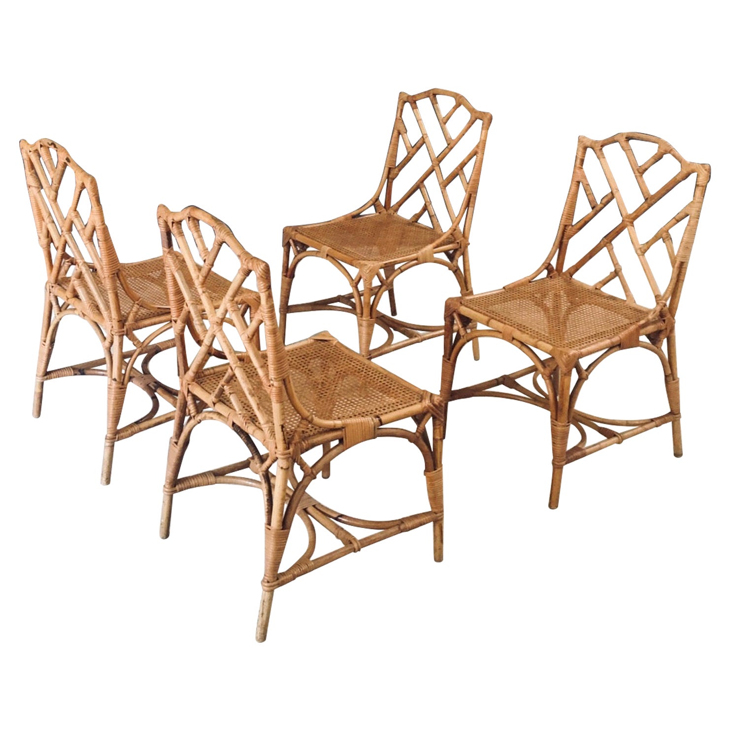 Diseño de mediados de siglo Sillas de comedor de bambú estilo Chippendale, Italia Años 60 en venta