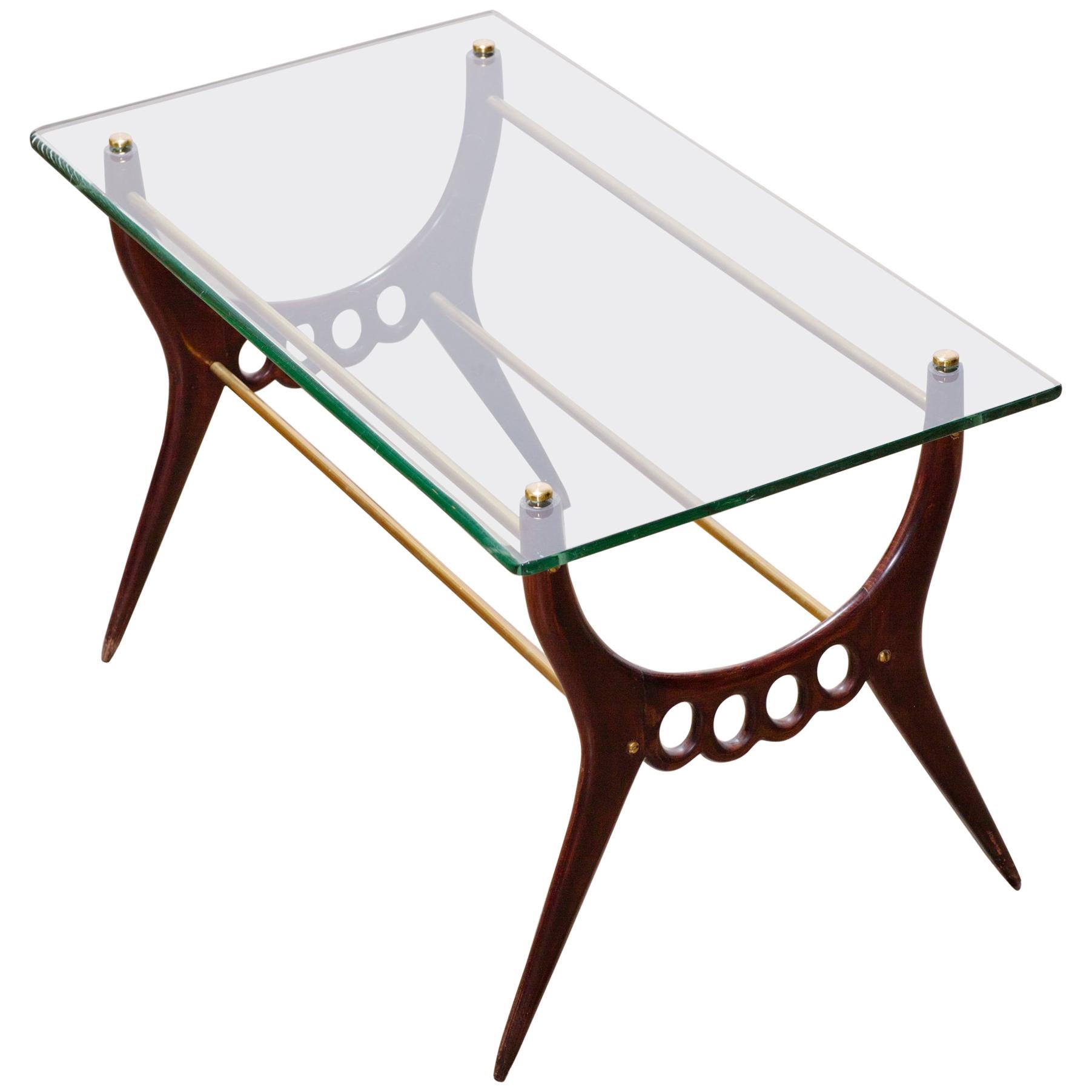Midcentury Design Coffee Table with Glass Top, Brass Elements by Cesare Lacca For Sale