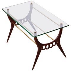 Midcentury Design Coffee Table with Glass Top, Brass Elements by Cesare Lacca