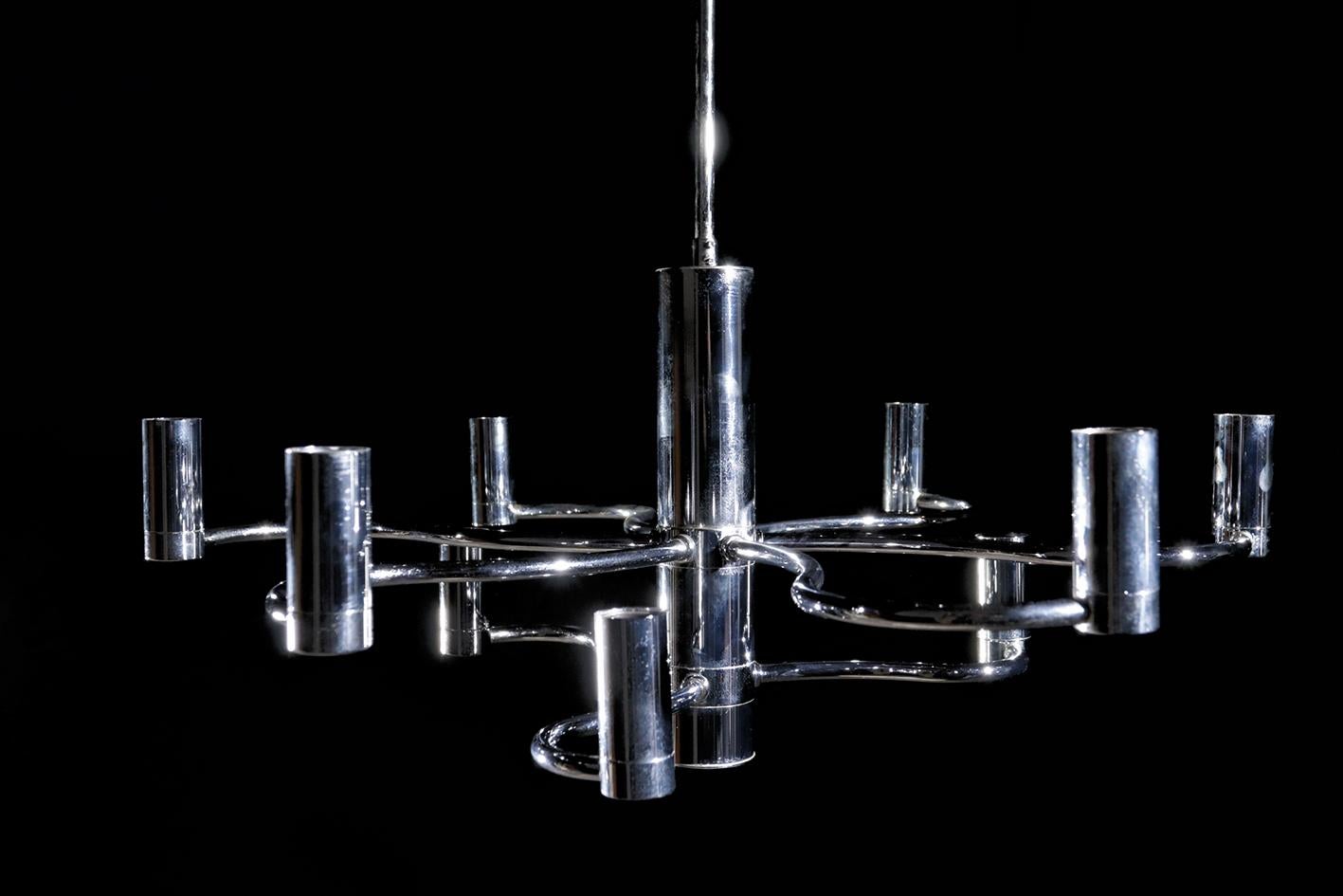 Midcentury Design Gaetano Sciolari Ceiling Lamp Chandelier Chrome 4