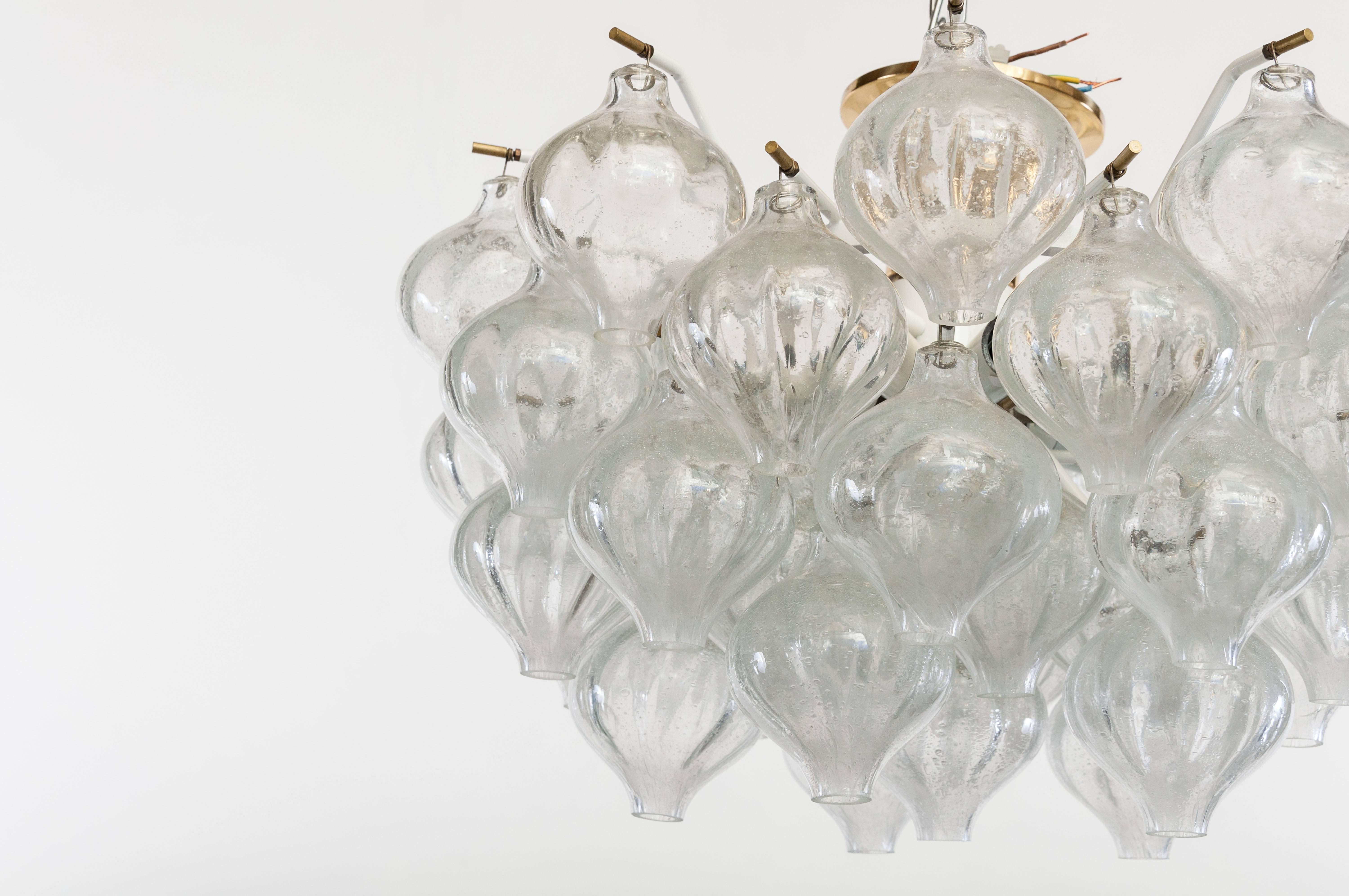 Austrian Midcentury Design Glass and Brass Light Chandelier Tulipan by J.T. Kalmar For Sale