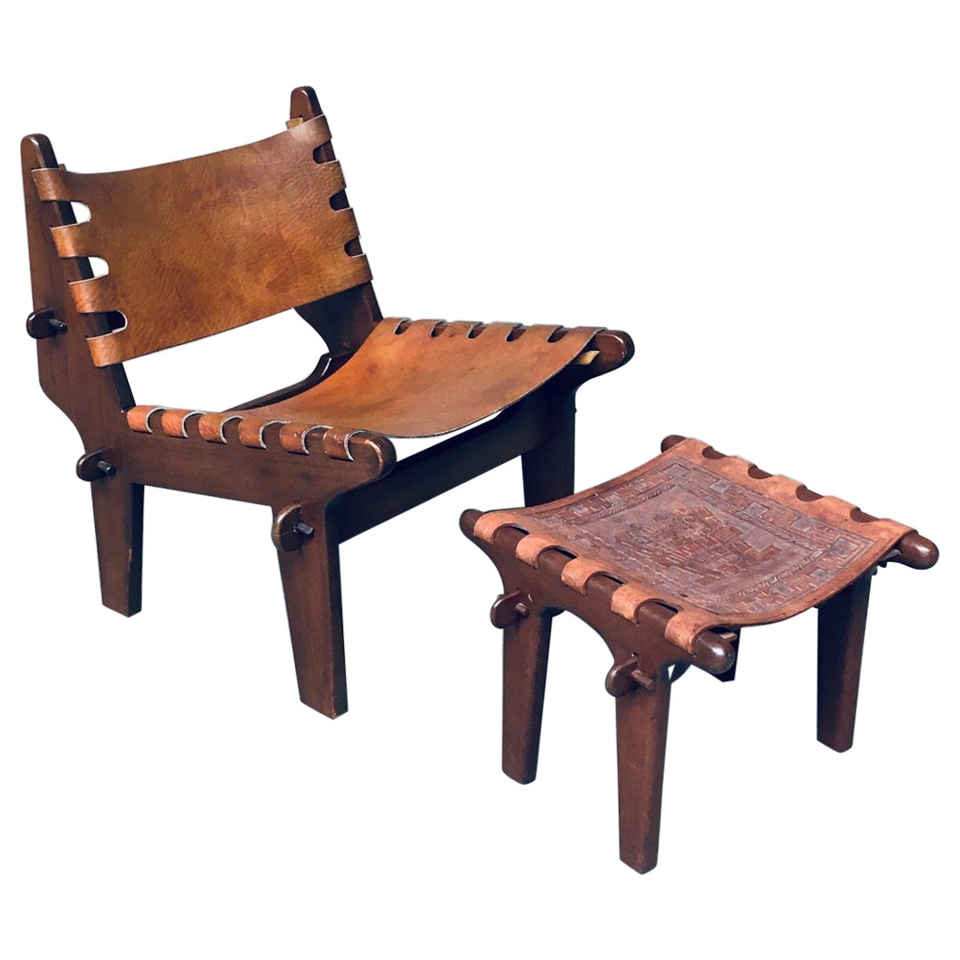 Midcentury Design Leather Sling Lounge Chair 
Ottoman set by Angel Pazmino