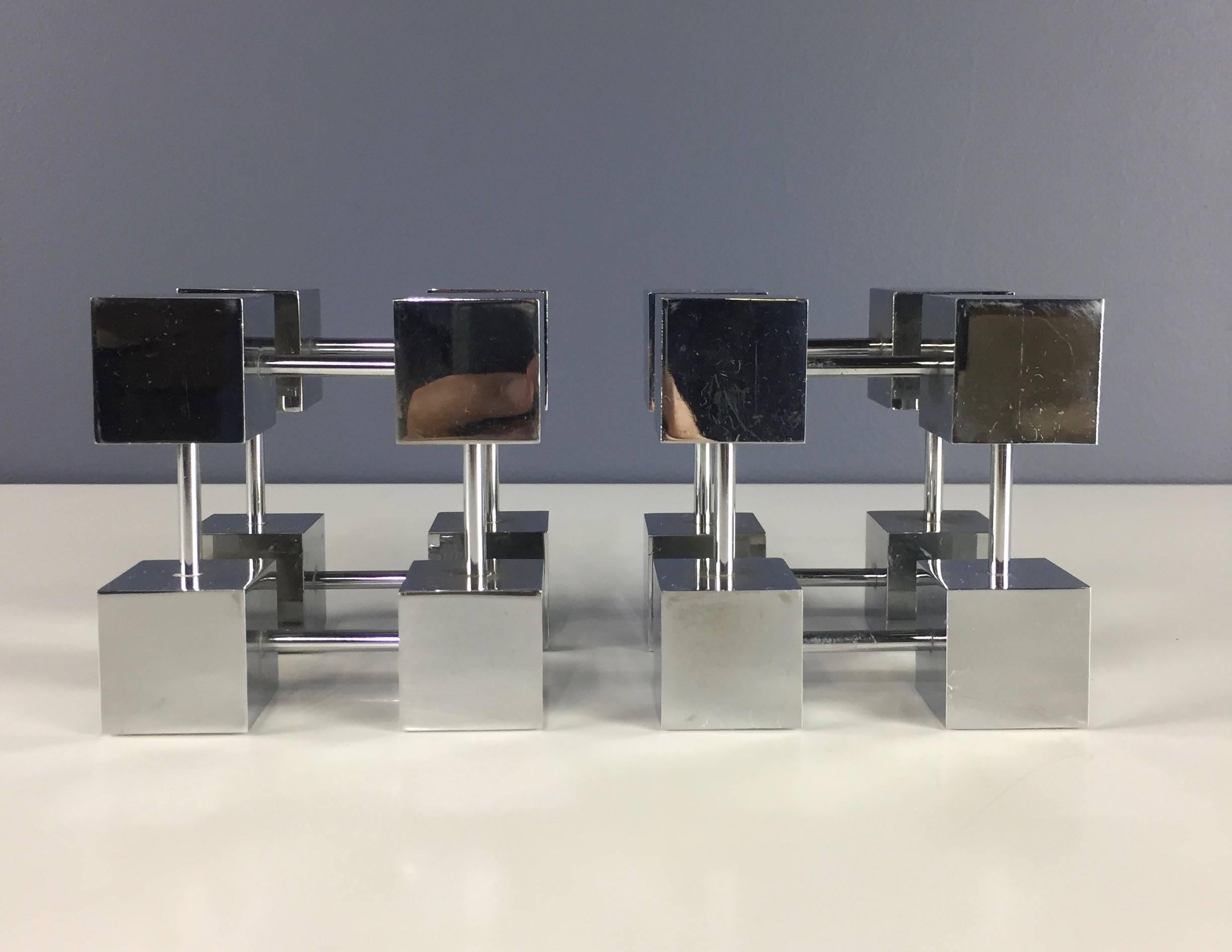 Very heavy and seemingly rare cube on cube stainless clad bookends by Bill Curry for Design Line.