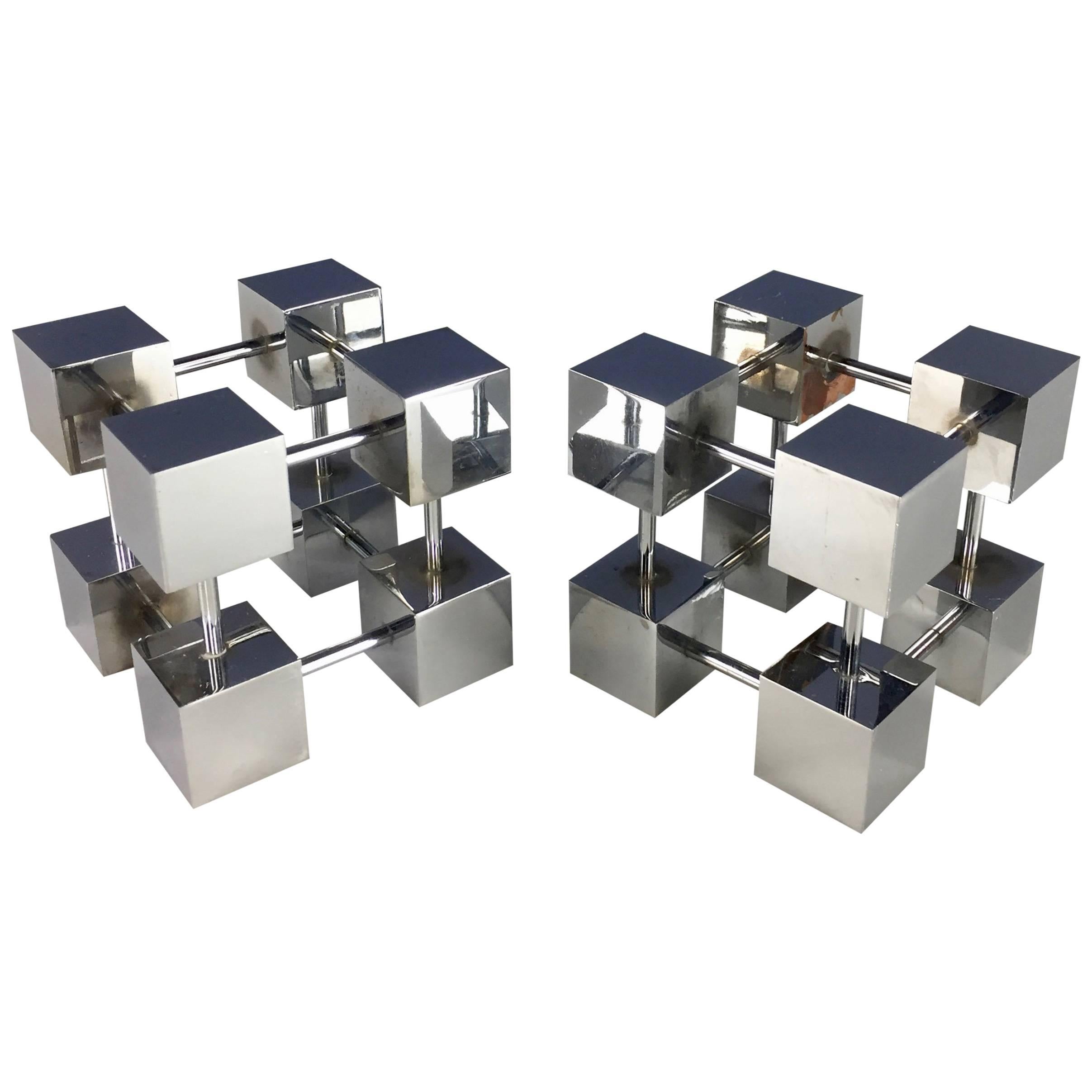 Midcentury Design Line Inc. Bill Curry Stainless Modernist Cube Bookends For Sale