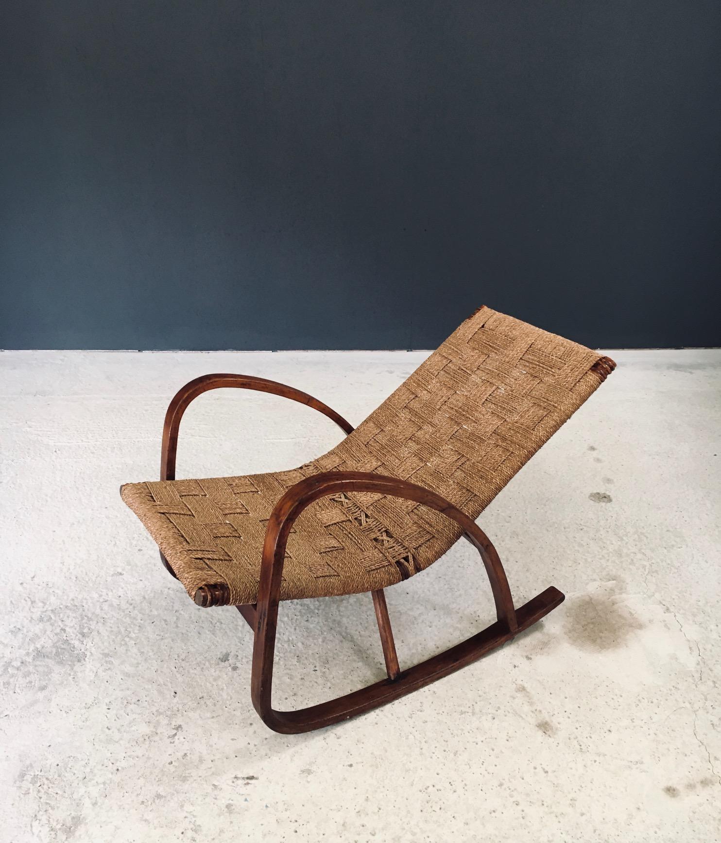 Midcentury Design Rope Rocking Chair, Italien 1950er Jahre (Seil) im Angebot