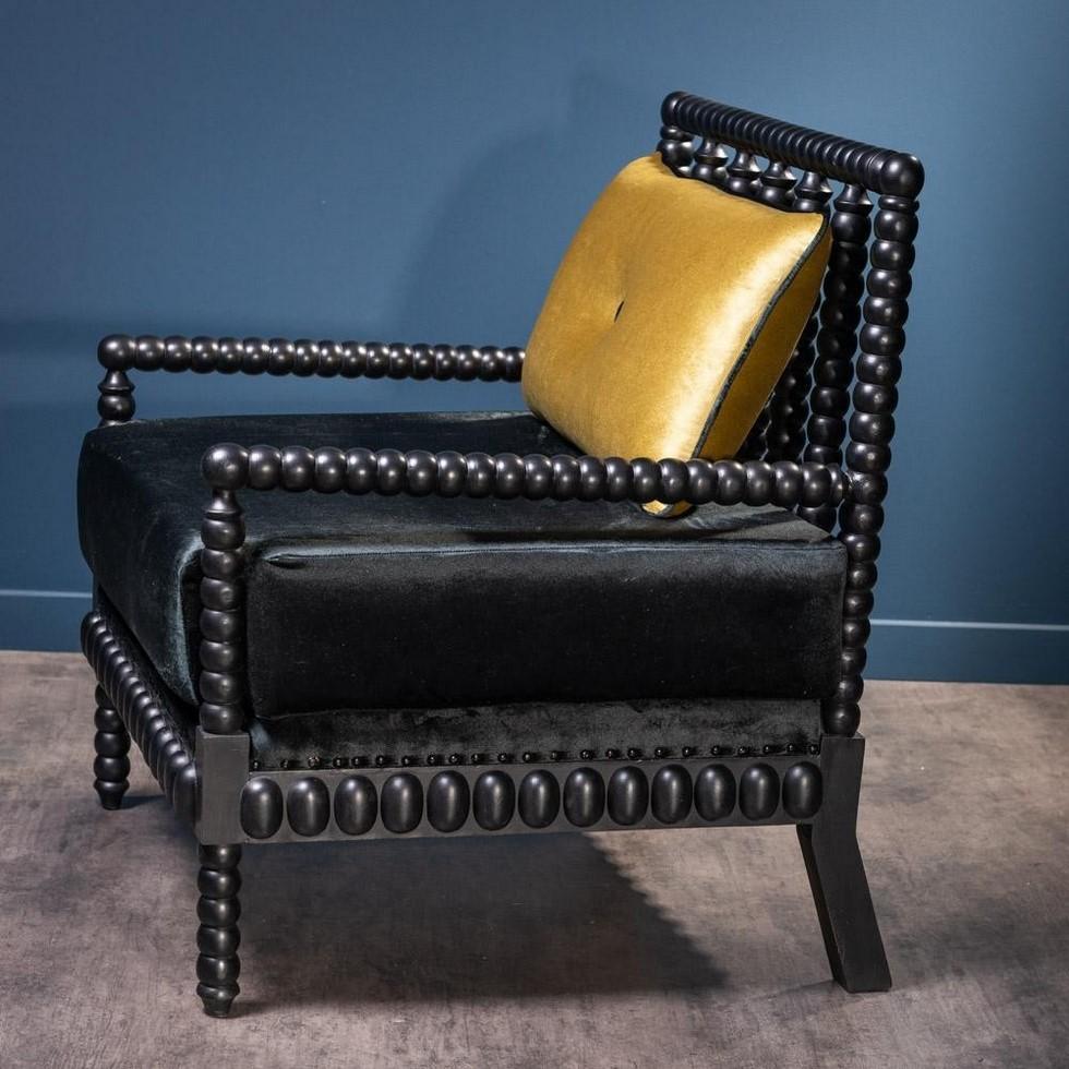 Midcentury Design Style Black Lacquer Wooden and Velvet Armchair In New Condition In Tourcoing, FR