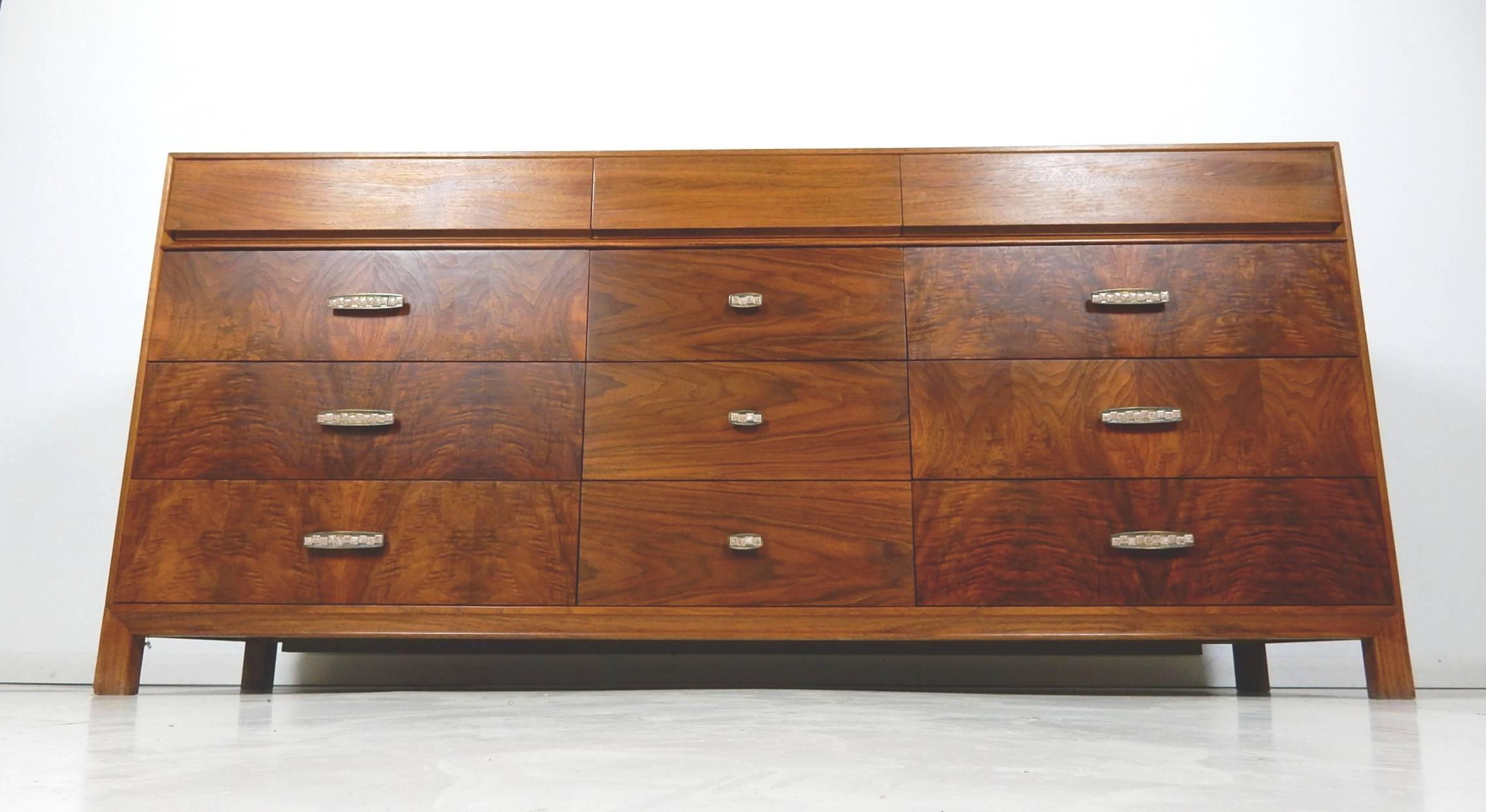Mid-Century Modern Midcentury Designer John Keal Walnut Burl Wood Chest of Drawers, 12 Cabinet