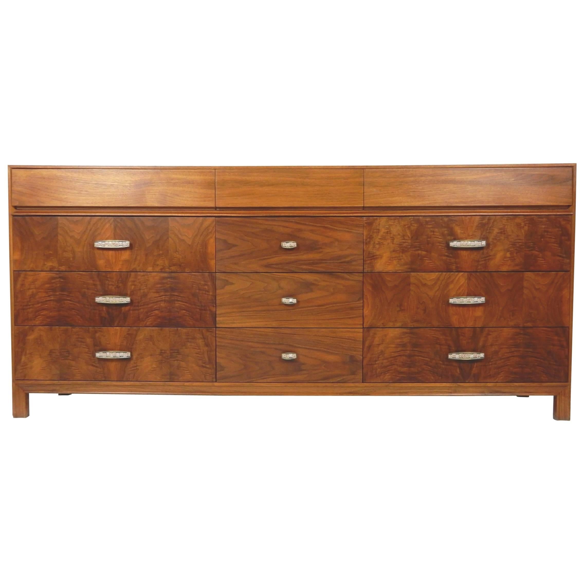 Midcentury Designer John Keal Walnut Burl Wood Chest of Drawers, 12 Cabinet