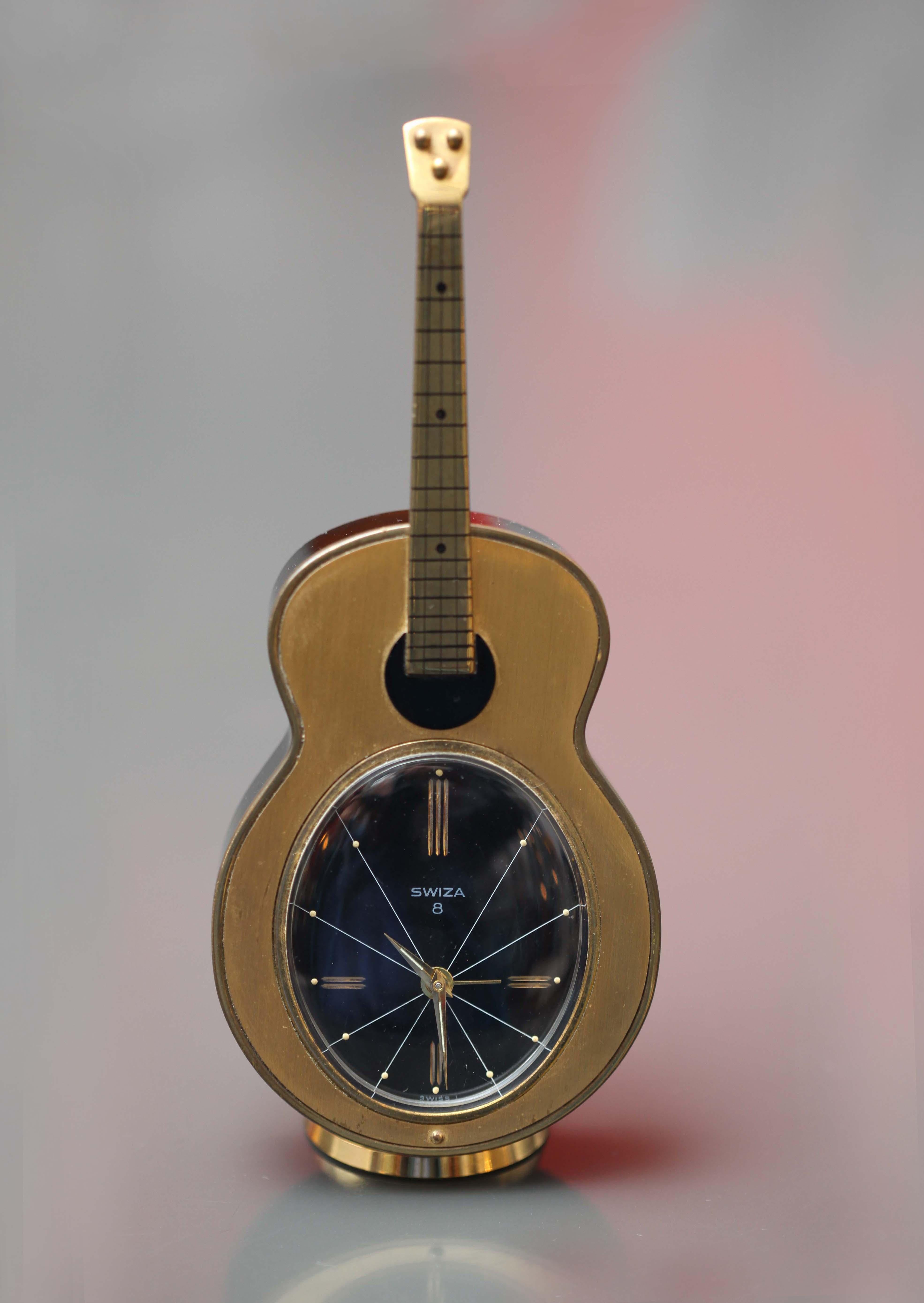 Mid-Century Modern Midcentury Desk Clock in Shape of a Guitar 8 Days with Mechanism Alarm Melody