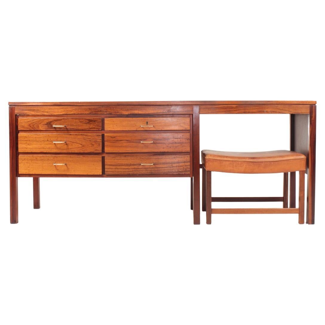 Midcentury Desk in Rosewood and Stool in Patinated Leather, Danish Modern, 1960s For Sale