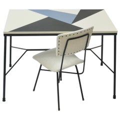 Midcentury Desk, Multicolored Top, Black Metal Legs and White Velvet Chair