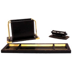 Midcentury Desk Set Letter Rack Rotating Calendar Pen Tray Black Leather c1960