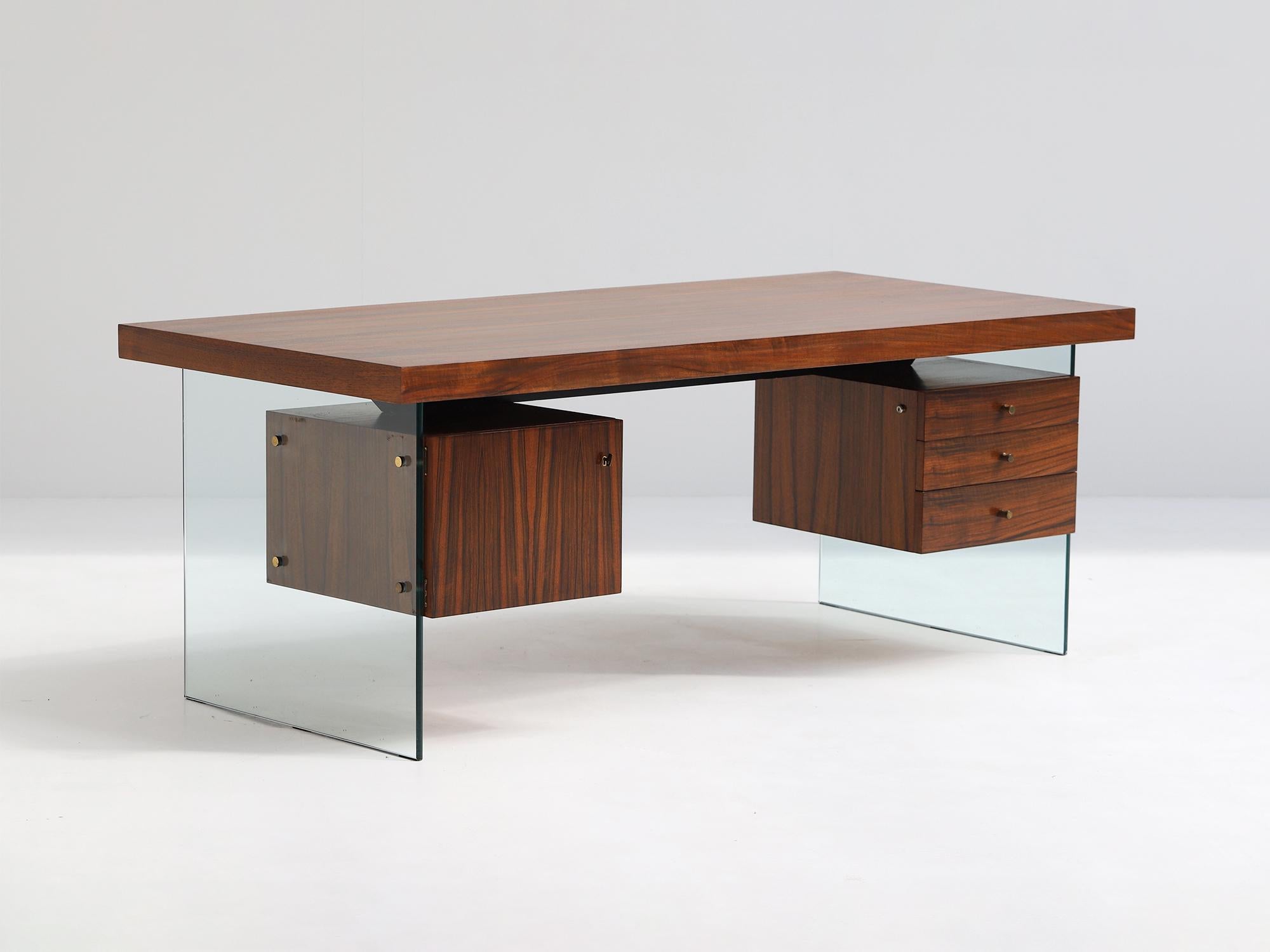midcentury desk with glass by Jos de Mey for Van den Berghe Pauvers 1960 In Good Condition In Antwerpen, Antwerp
