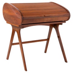 Midcentury Desk with Roll-Top, Walnut Veneer, 1950s, Fully Restored