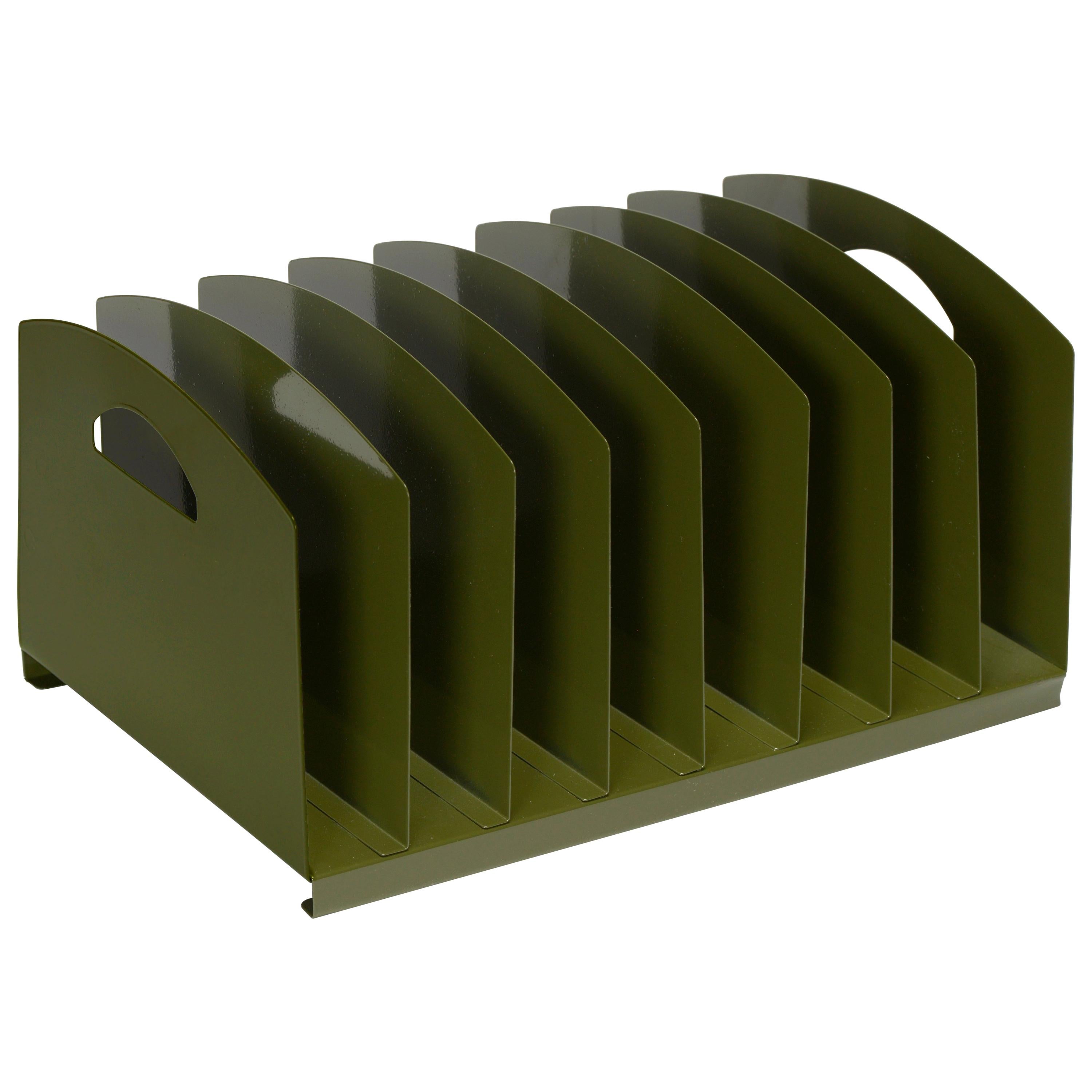 Midcentury Desktop File Holder/ Magazine Rack, Refinished in Olive Green For Sale
