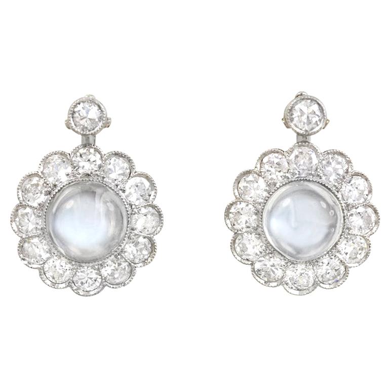 Midcentury Diamond and Moonstone Cluster Drop Earrings in White Gold