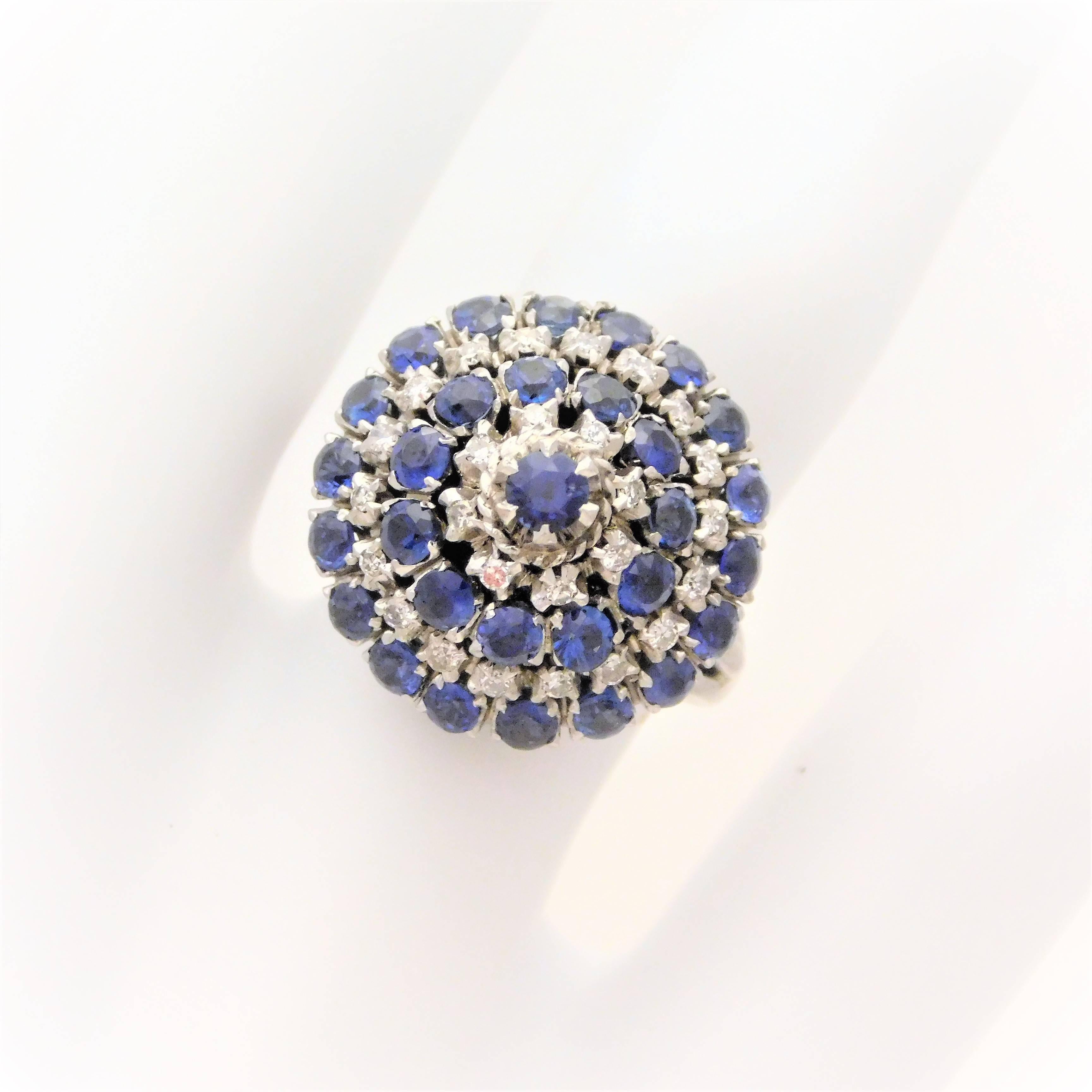 Round Cut Midcentury Diamond and Sapphire Spinning Dome Ring, circa 1943 For Sale