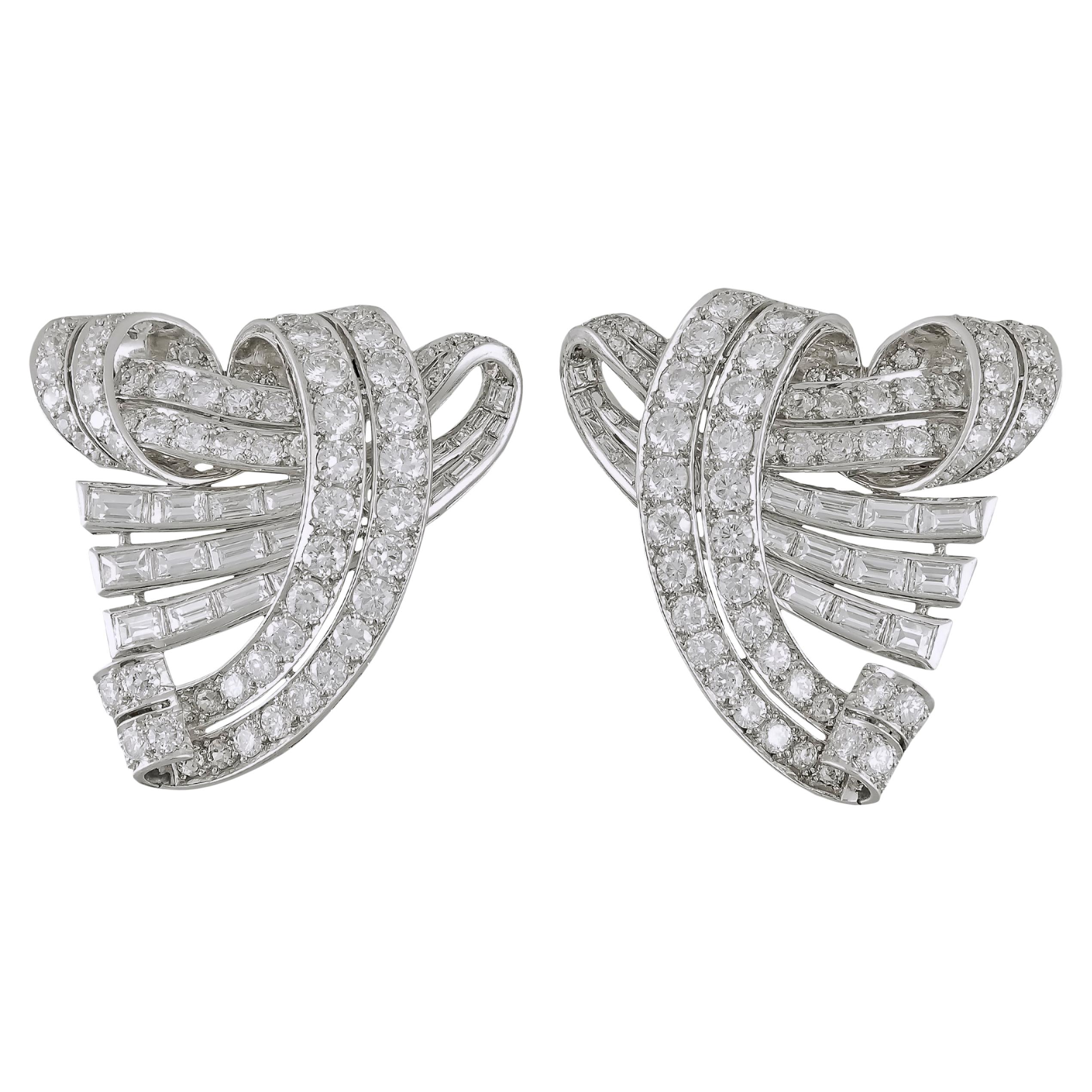 Diamond Platinum Mid-Century Double Clip Brooch Pair For Sale