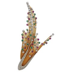Midcentury Diamond Emerald Ruby Gold Brooch Pin