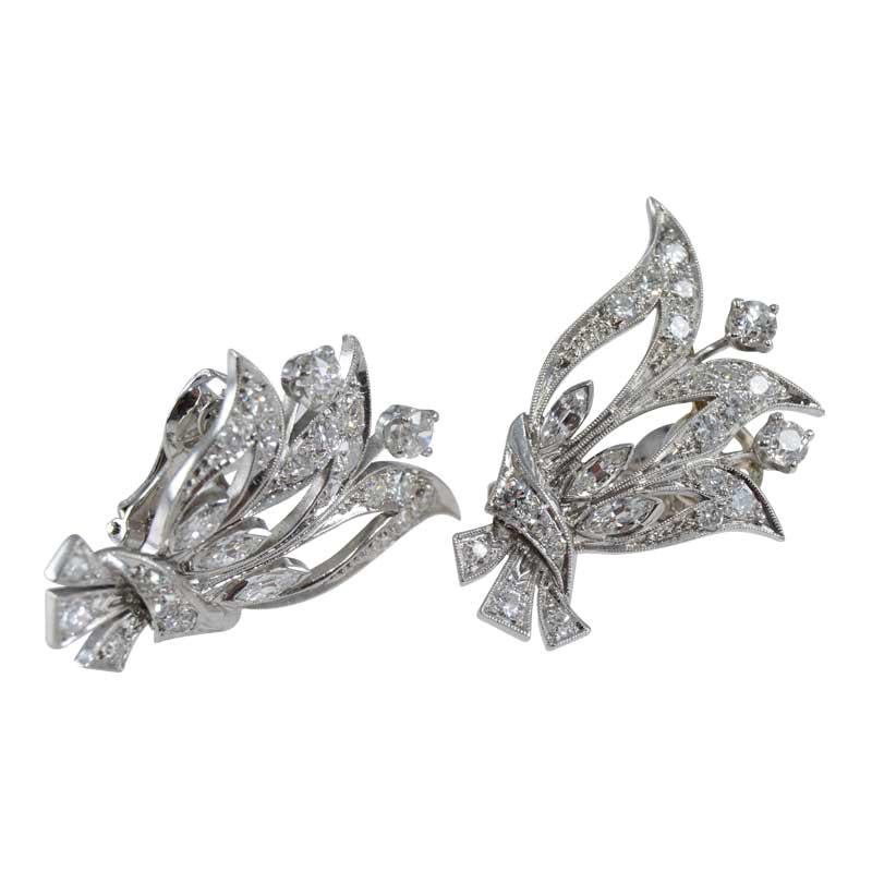 Midcentury Diamond Floral Earrings 1.80ct, 1940's For Sale