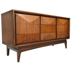 Midcentury Diamond Front Walnut Nine-Drawer Dresser