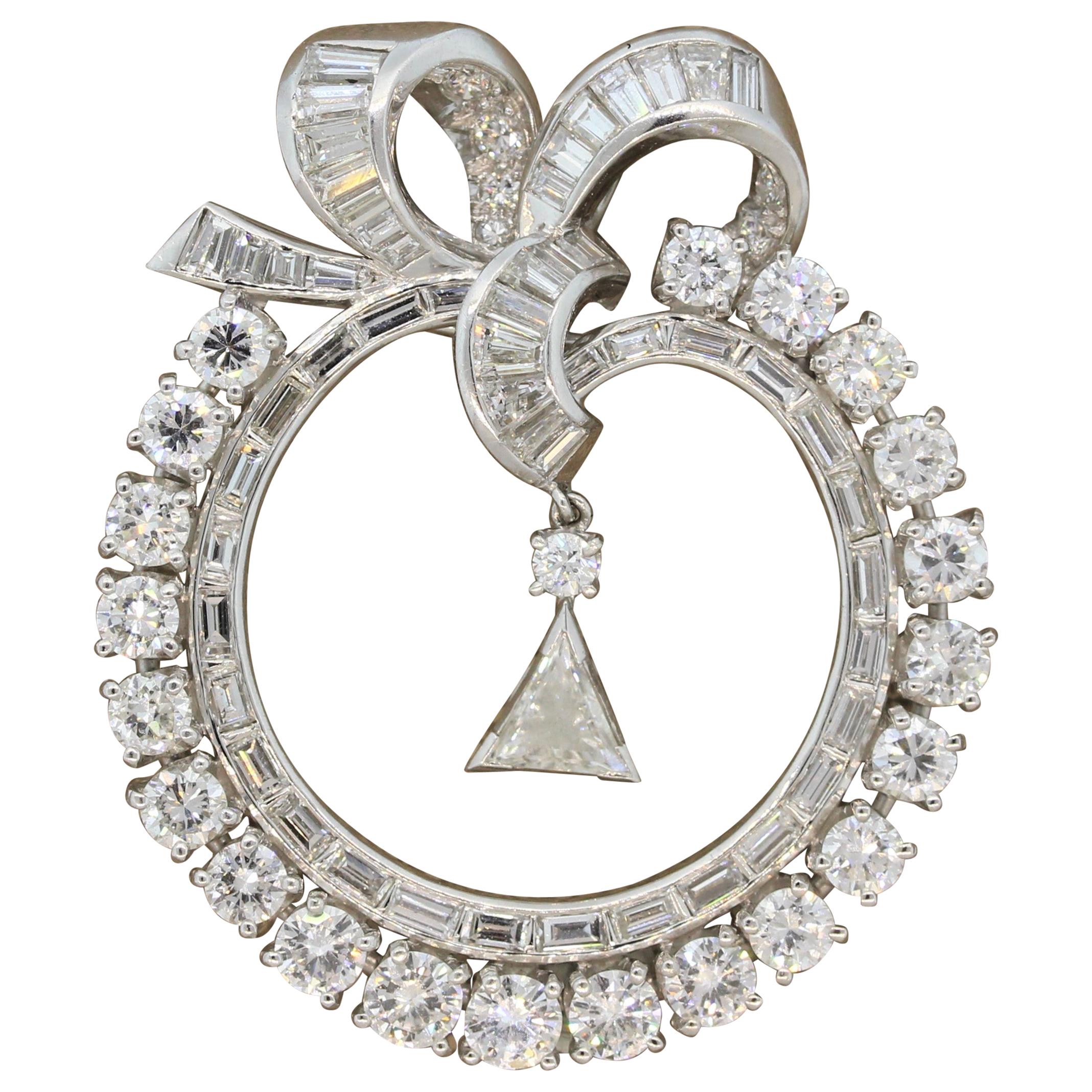 Midcentury Diamond Platinum Circular Wreath Bow Brooch-Pendant