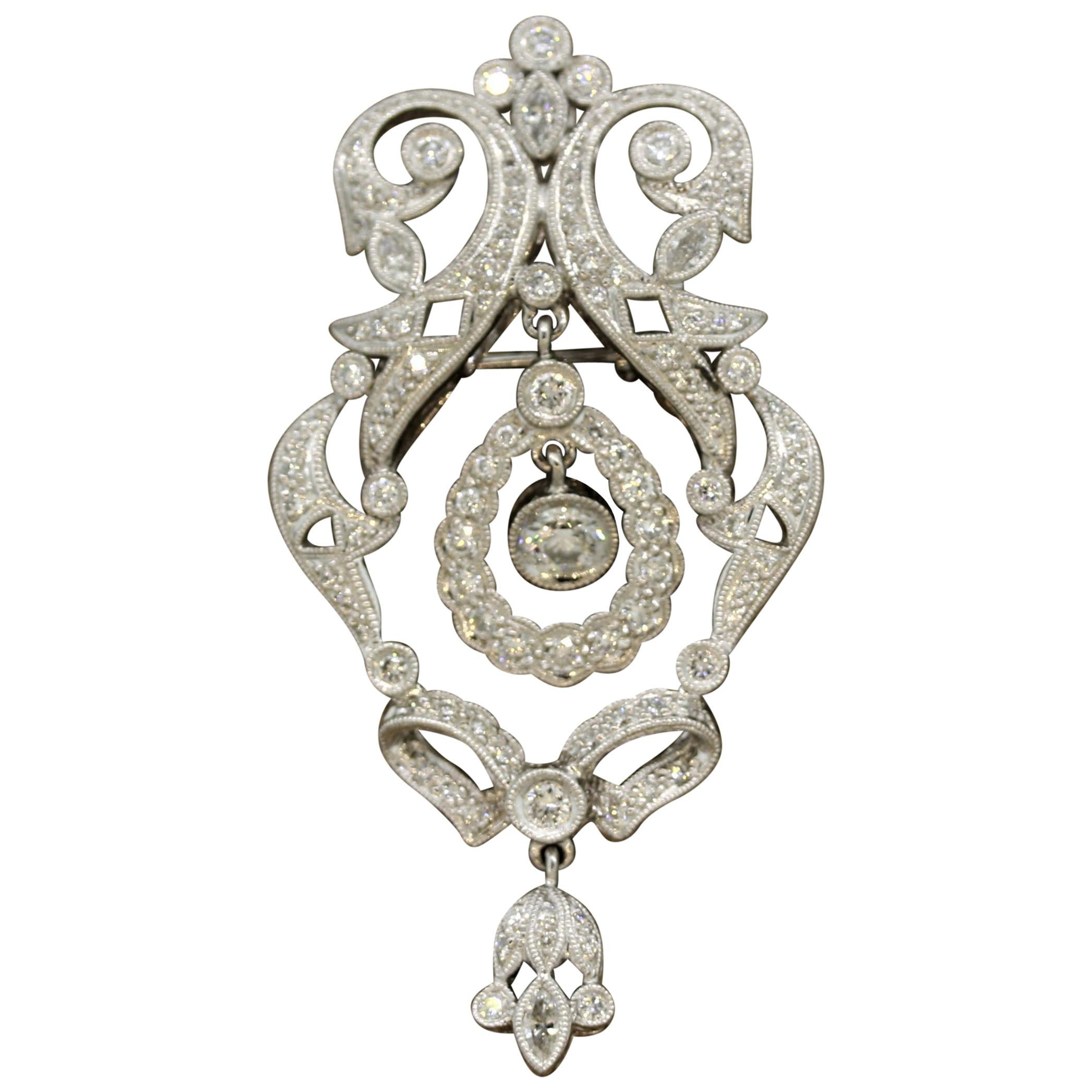 Midcentury Diamond Platinum Dangle Drop Pendant-Brooch