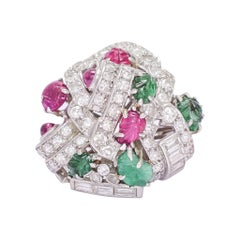 Vintage Midcentury Diamond Ruby Emerald "Tutti Fruity" Cocktail Ring
