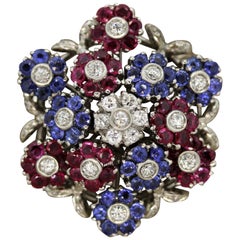Midcentury Diamond Ruby Sapphire Gold Dancing Flowers Brooch