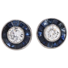 Midcentury Diamond Sapphire Platinum Circular Stud Earrings