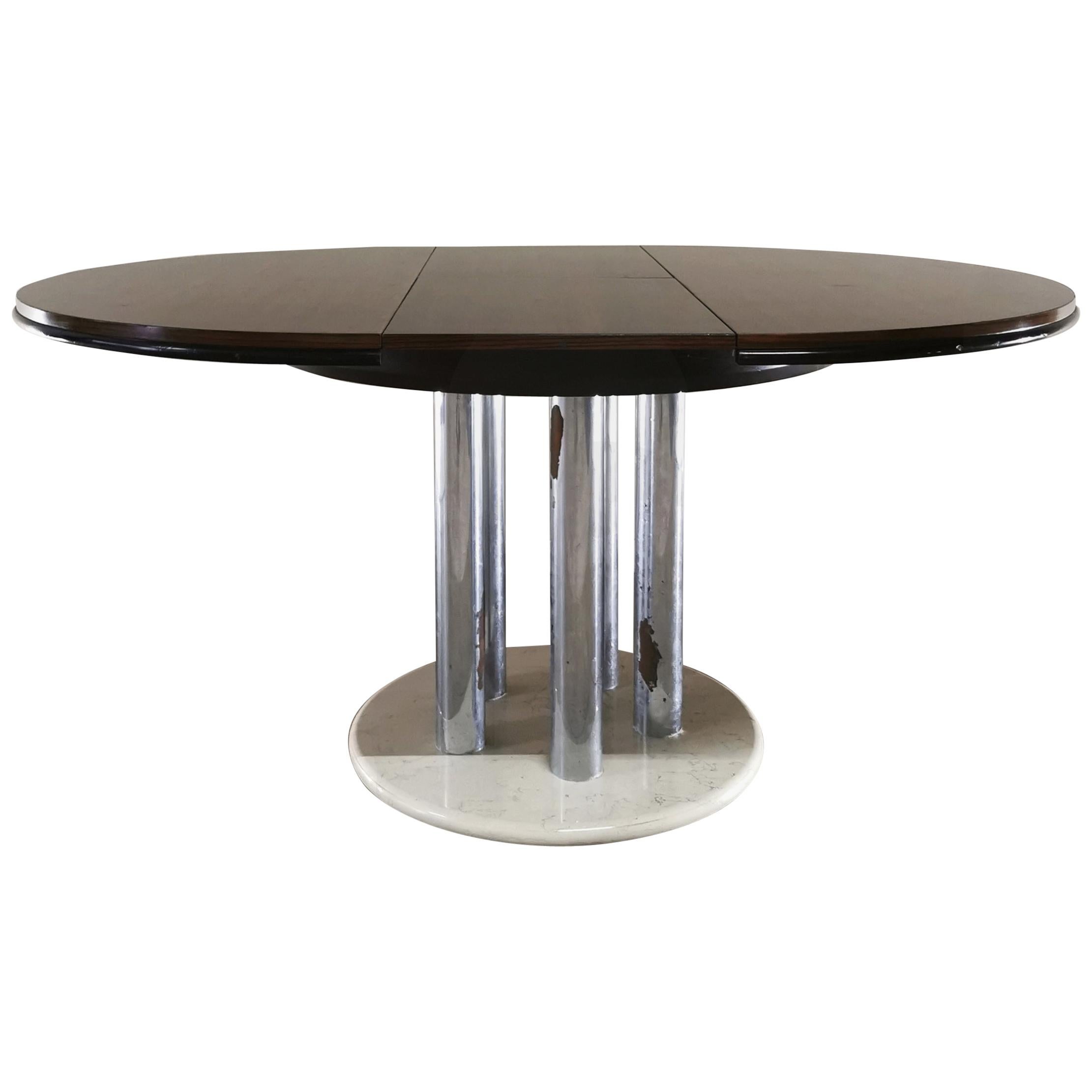 Mid Century Dining Table By Livenza Veneered Mahogany Chromed Metal Marble 1970s