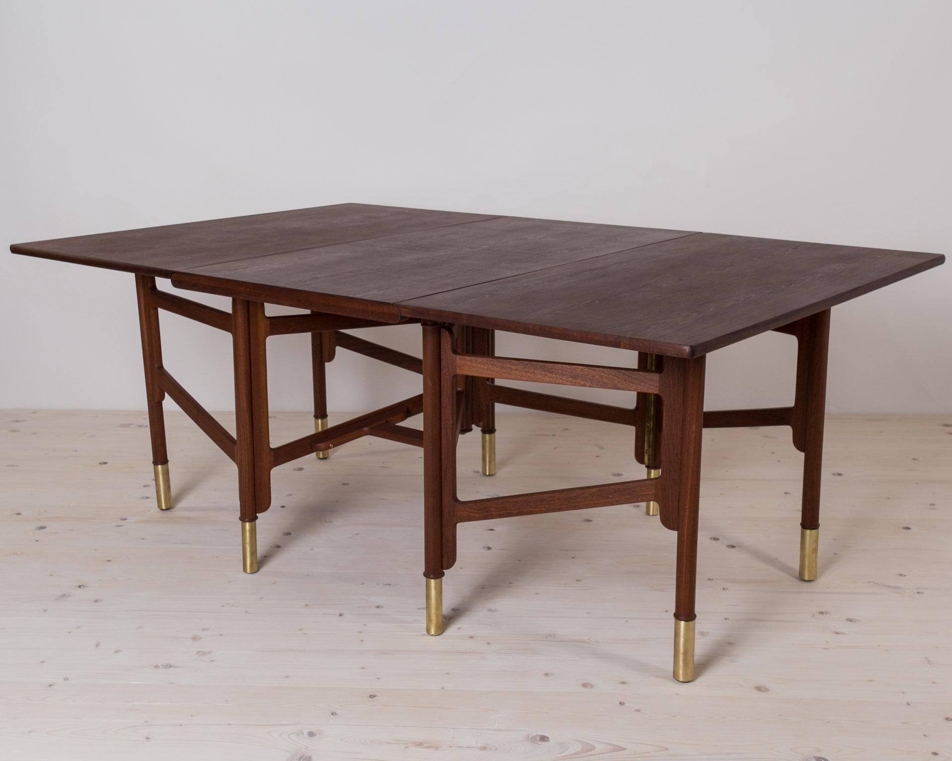 Norwegian Midcentury Dining Table, Teak Wood, Brass Elements, Norway, 1950s For Sale