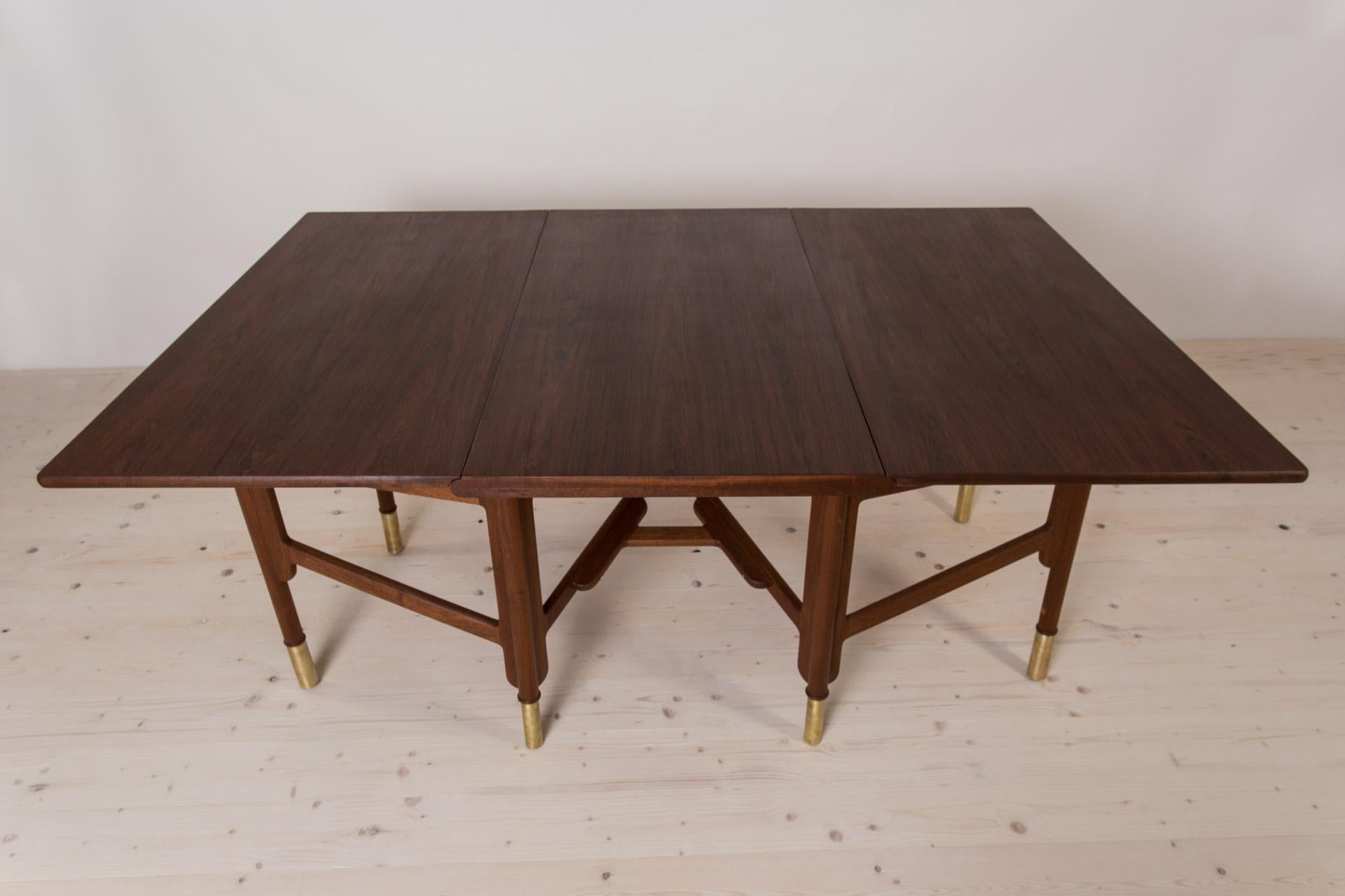 Oiled Midcentury Dining Table, Teak Wood, Brass Elements, Norway, 1950s For Sale