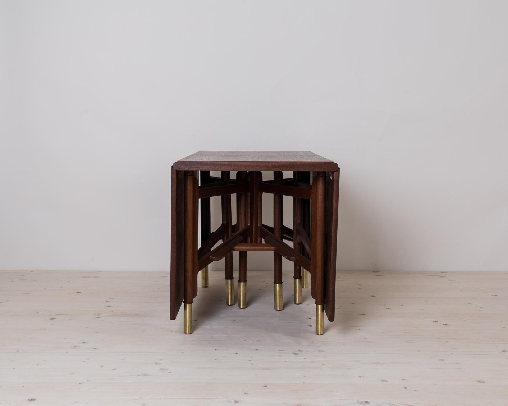 Mid-20th Century Midcentury Dining Table, Teak Wood, Brass Elements, Norway, 1950s For Sale