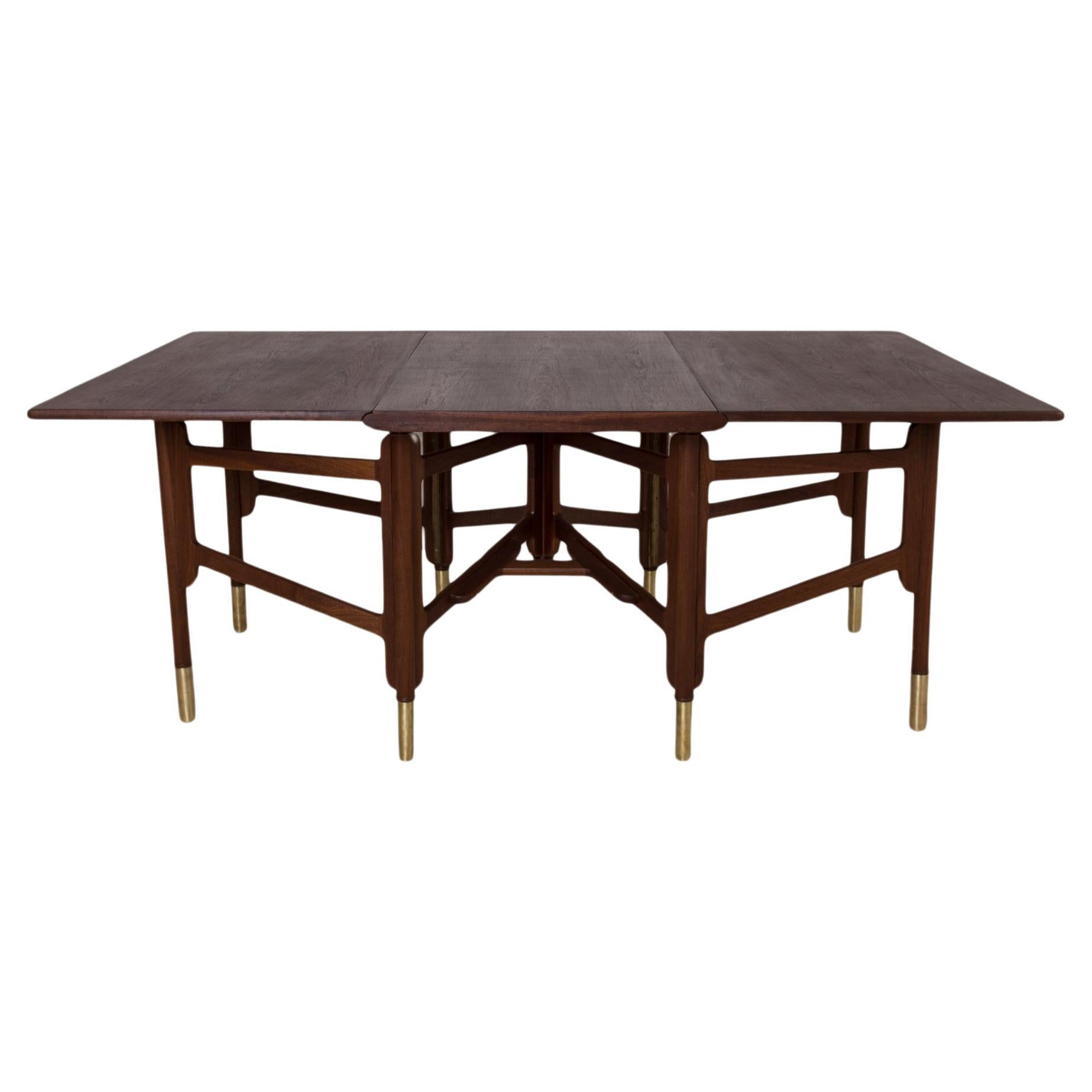Midcentury Dining Table, Teak Wood, Brass Elements, Norway, 1950s For Sale