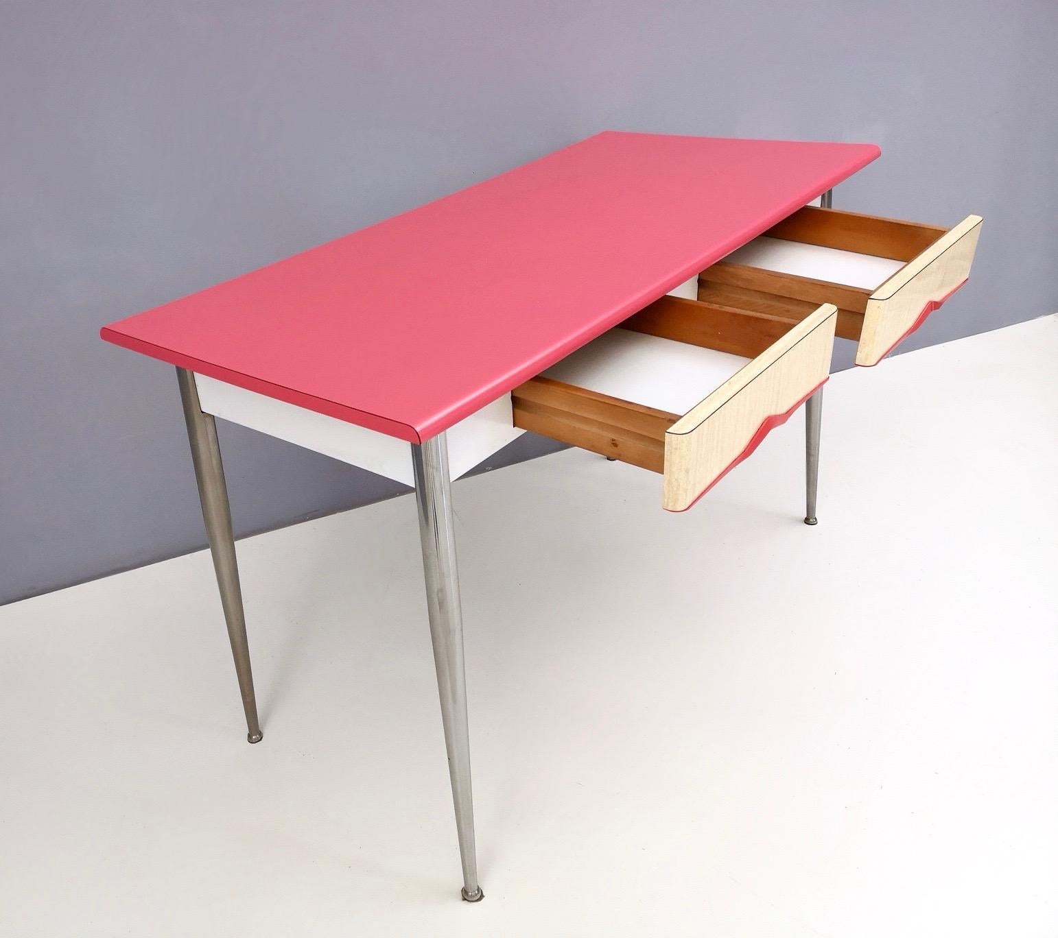 Plated Midcentury Dining Table with a Watermelon Pink Formica Top, Italy, 1950s