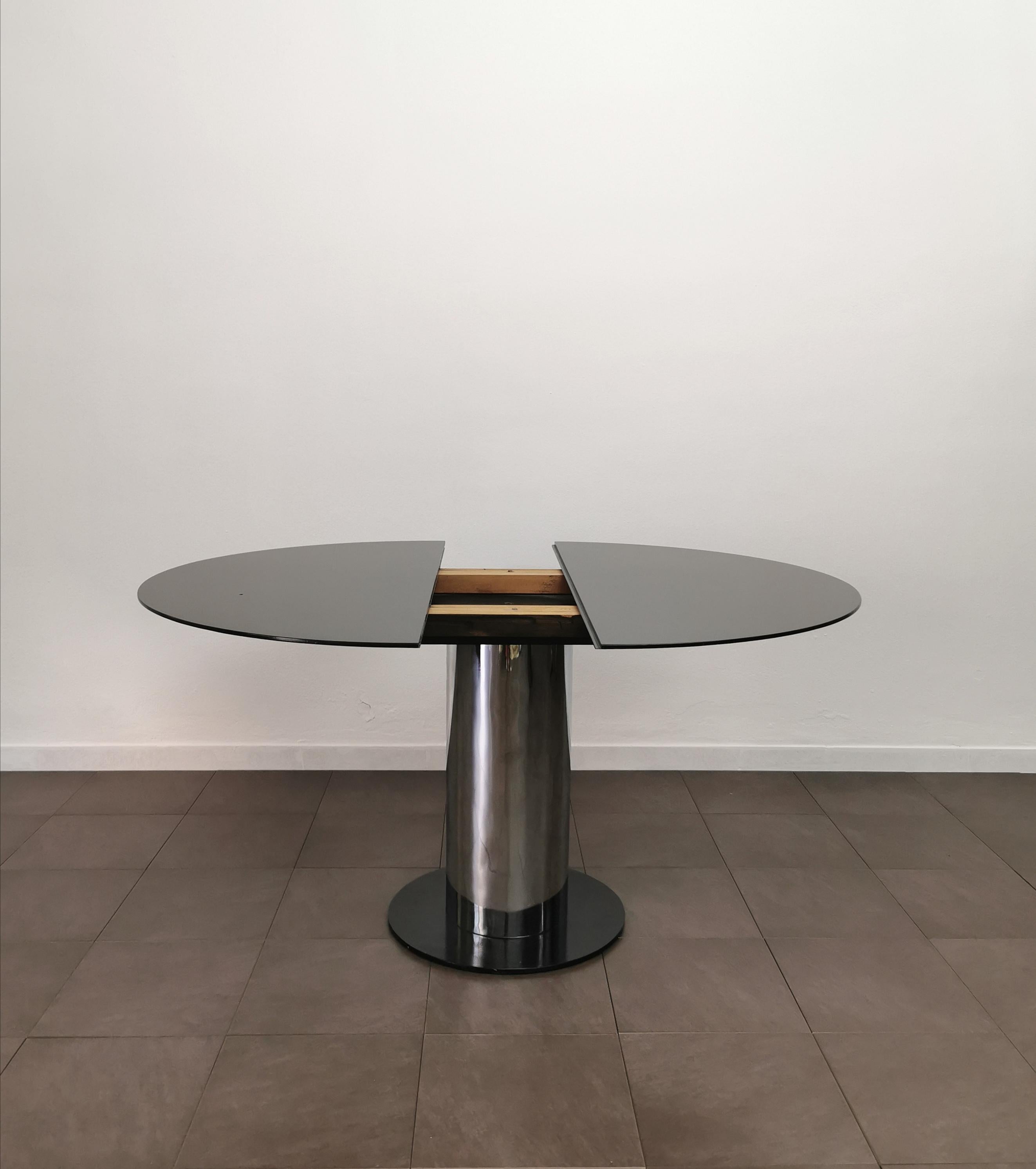 Mid Century Dining Table Wood Enameled Black Chromed Metal Italian Design, 1970s For Sale 3